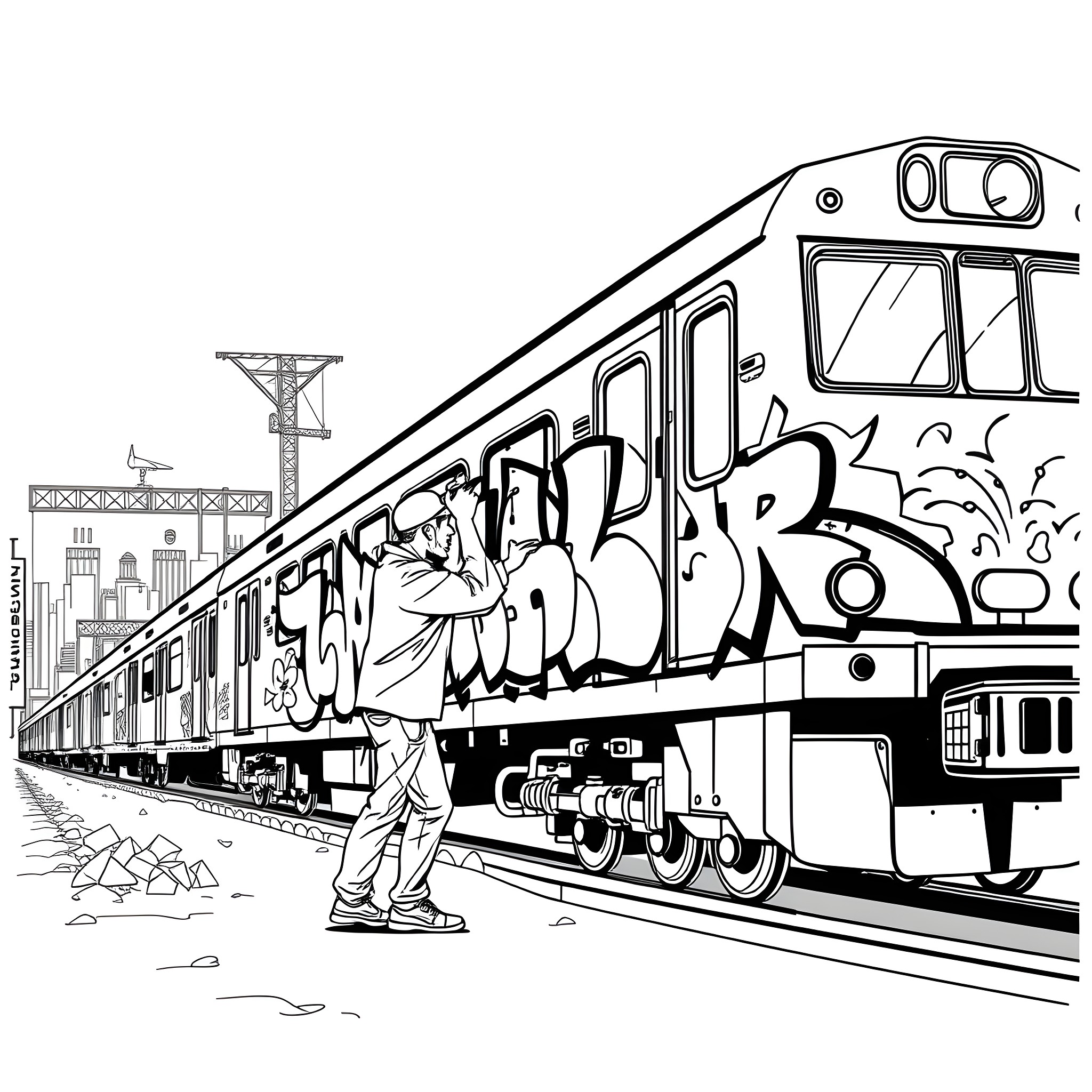 Graffiti Artist Spraying Colorful Designs on a Train Coloring Page (free black-and-white line drawing printable PDF for all, from beginners to advanced learners, including children, teens, adults, and seniors)