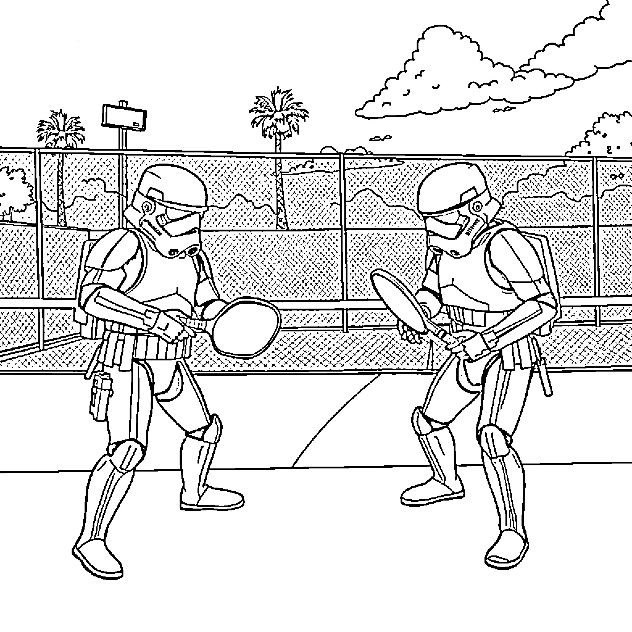 Stormtroopers engaged in training exercise Coloring Page (free black-and-white line drawing printable PDF for all, from beginners to advanced learners, including children, teens, adults, and seniors)