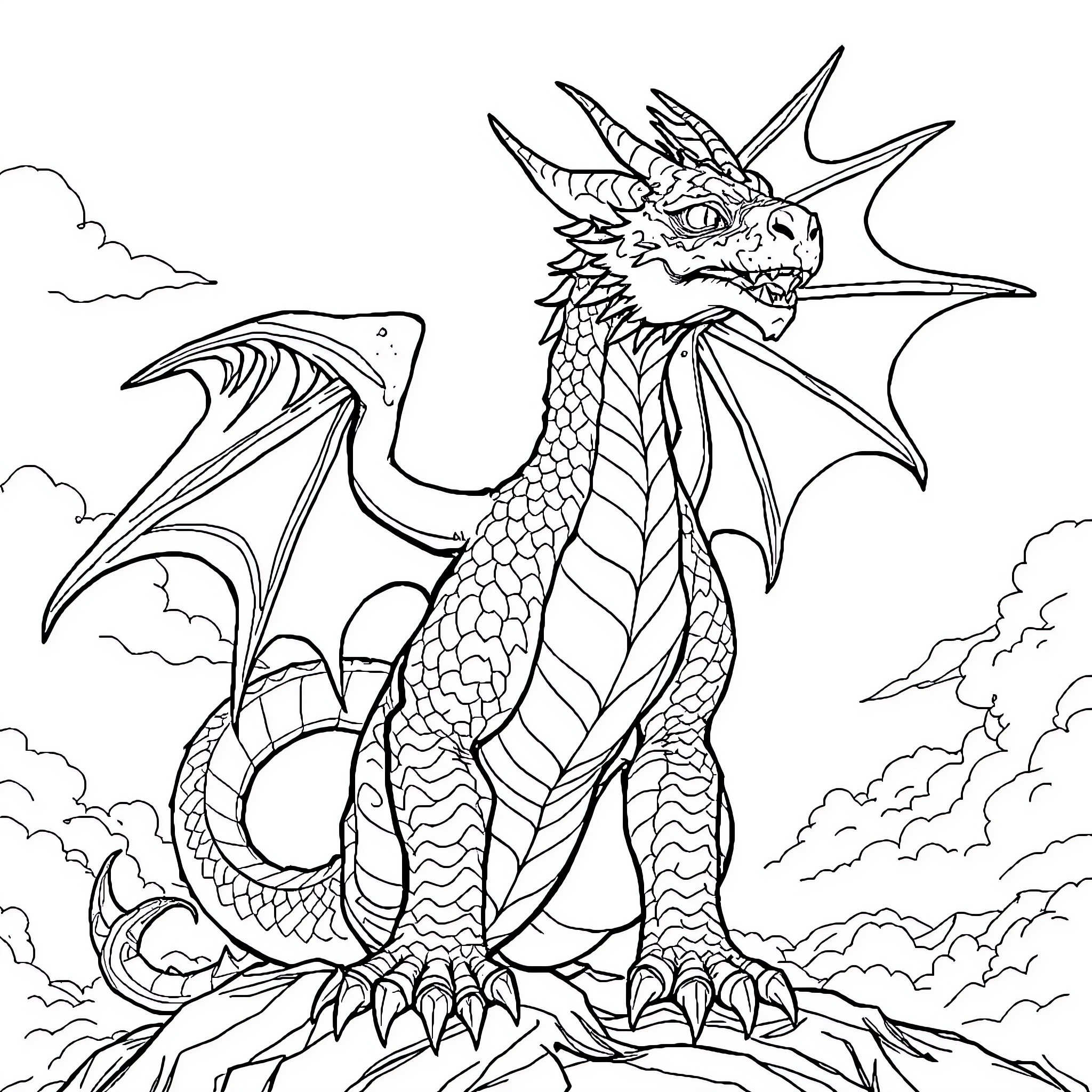 Dragon soaring through the clouds with wings spread Coloring Page (free black-and-white line drawing printable PDF for all, from beginners to advanced learners, including children, teens, adults, and seniors)