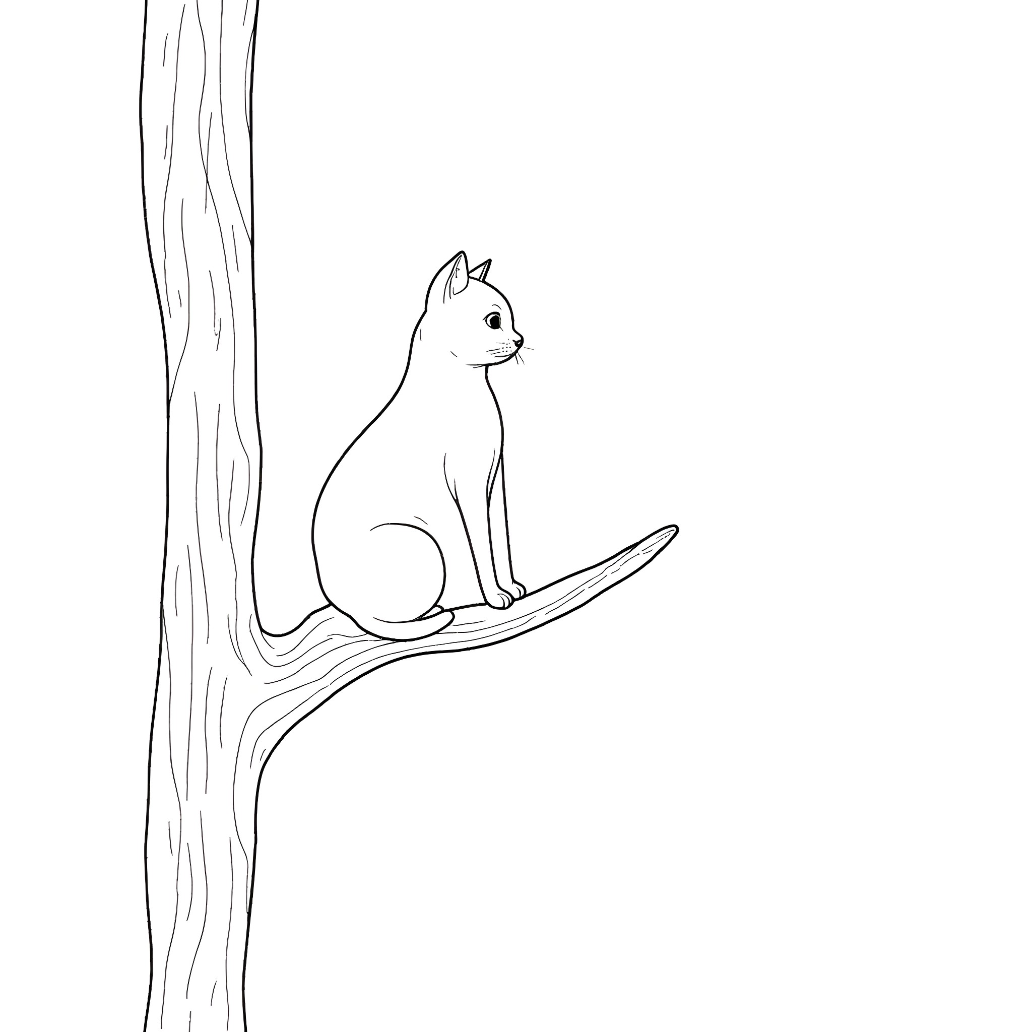 Cat sitting on tree branch Coloring Page (free black-and-white line drawing printable PDF for all, from beginners to advanced learners, including children, teens, adults, and seniors)