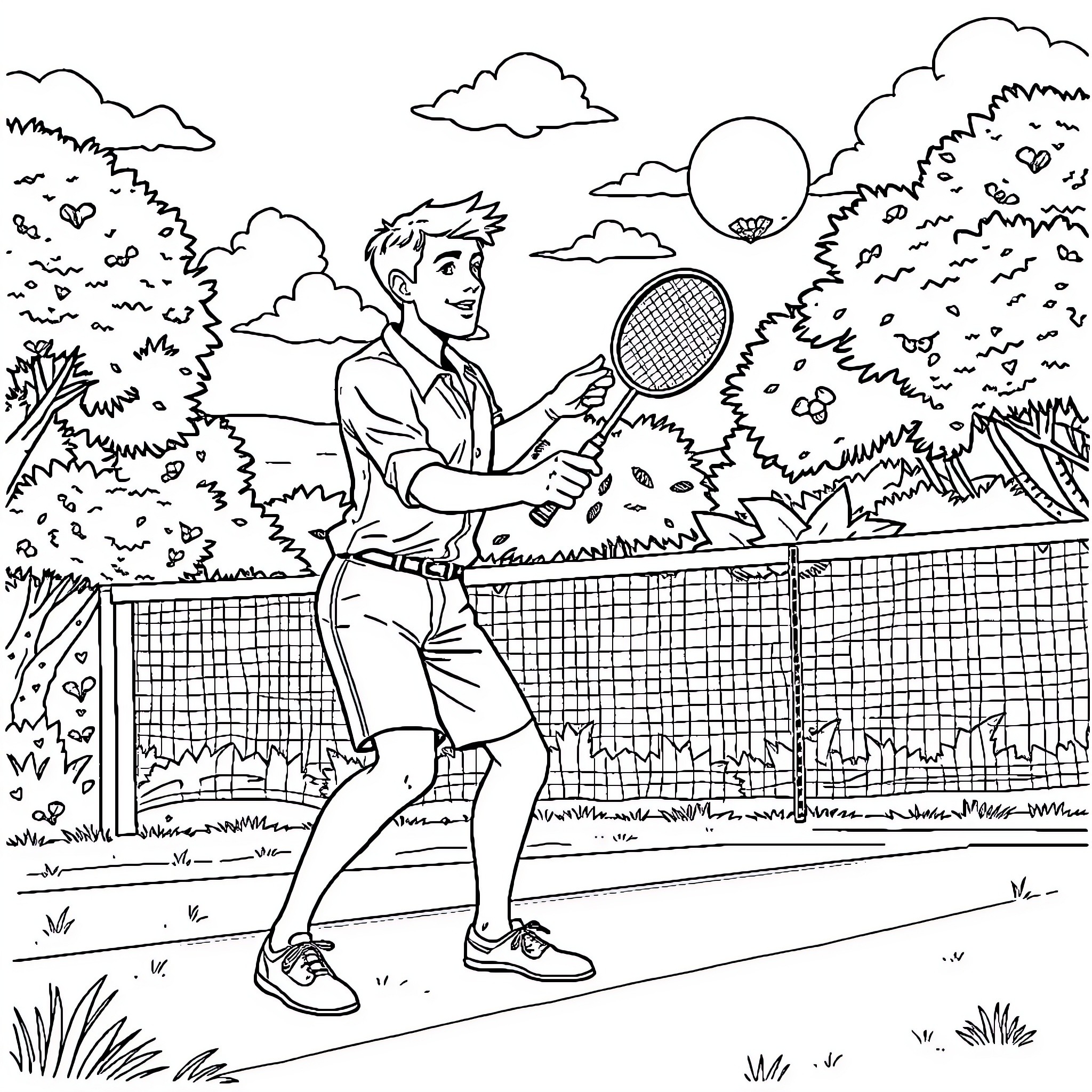 Teacher playing tennis on the court Coloring Page (free black-and-white line drawing printable PDF for all, from beginners to advanced learners, including children, teens, adults, and seniors)