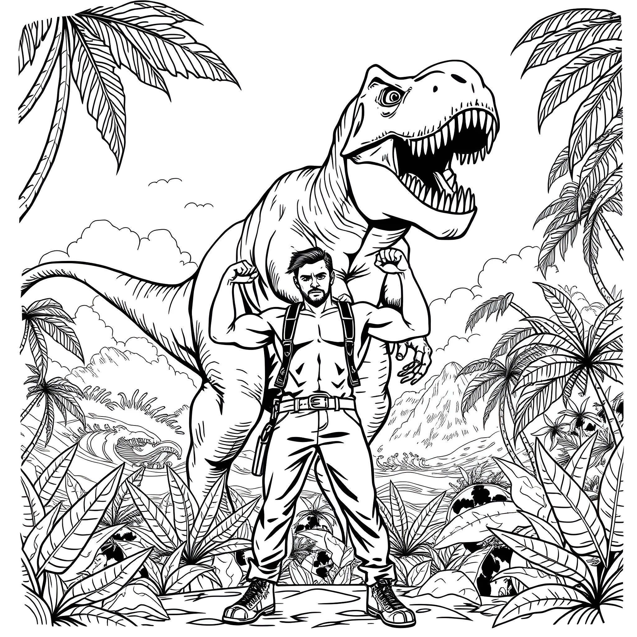 Greg Hallen's Prehistoric Adventure Coloring Page (free black-and-white line drawing printable PDF for all, from beginners to advanced learners, including children, teens, adults, and seniors)