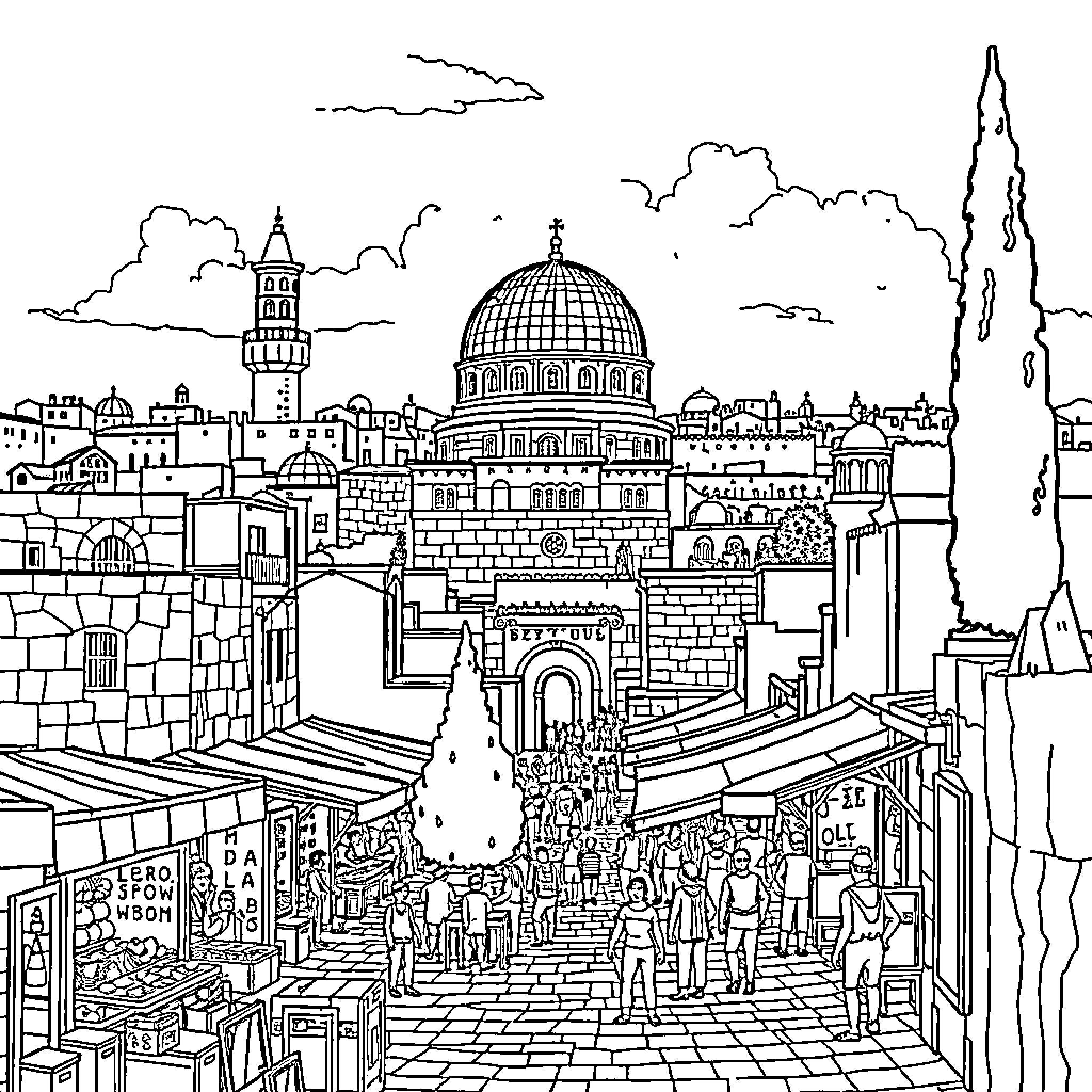 Jerusalem's Old City with Crowds and Architecture Coloring Page (free black-and-white line drawing printable PDF for all, from beginners to advanced learners, including children, teens, adults, and seniors)