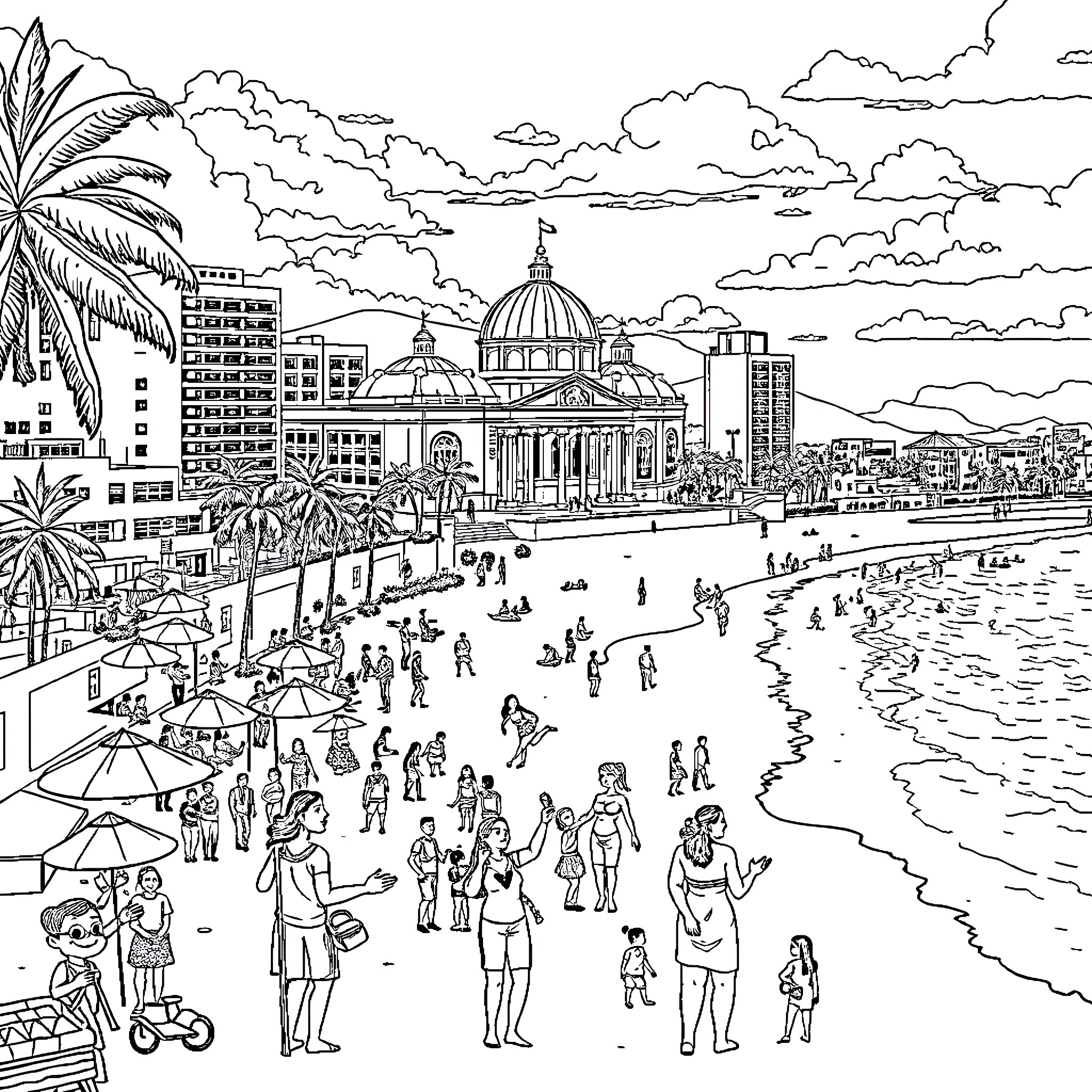 Fortaleza: Bustling Beachfront Scene with Architectural Landmarks Coloring Page (free black-and-white line drawing printable PDF for all, from beginners to advanced learners, including children, teens, adults, and seniors)