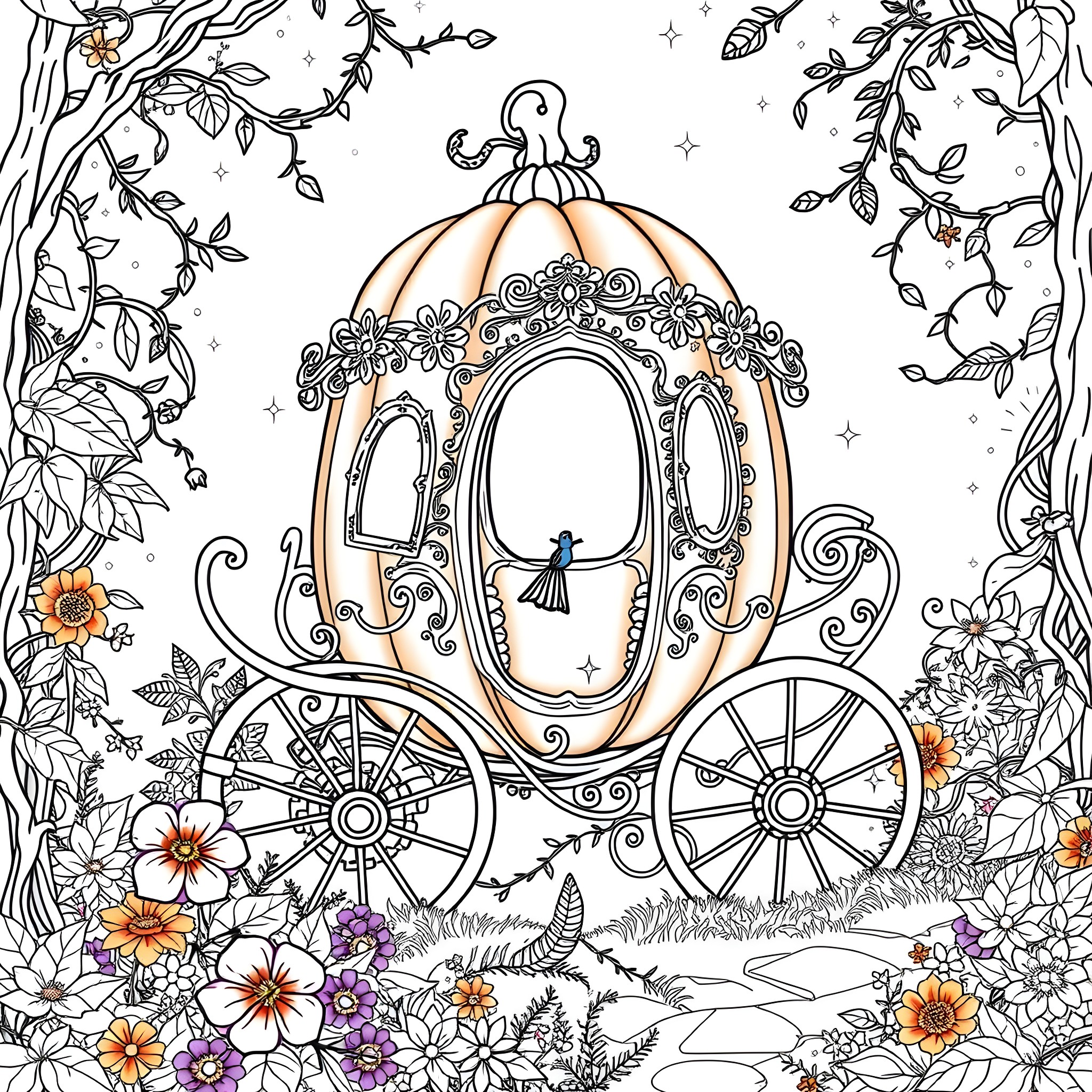 Pumpkin carriage surrounded by enchanted forest Coloring Page (free black-and-white line drawing printable PDF for all, from beginners to advanced learners, including children, teens, adults, and seniors)