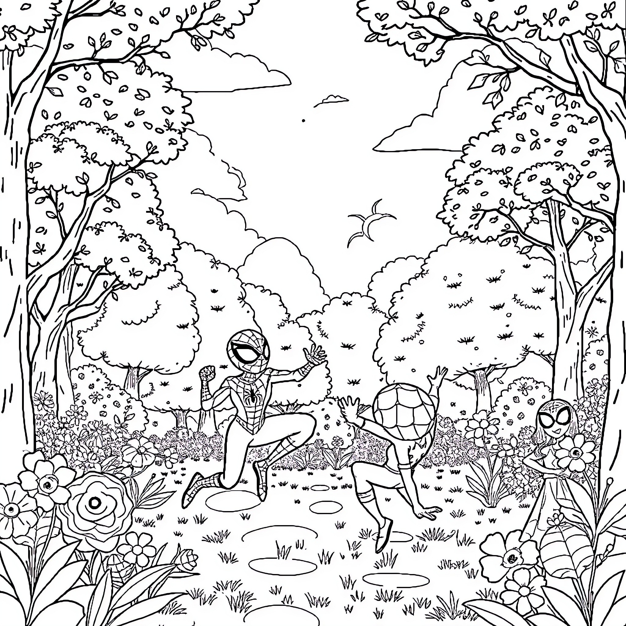 Spidey's Vibrant Forest Adventure Coloring Page (free black-and-white line drawing printable PDF for all, from beginners to advanced learners, including children, teens, adults, and seniors)