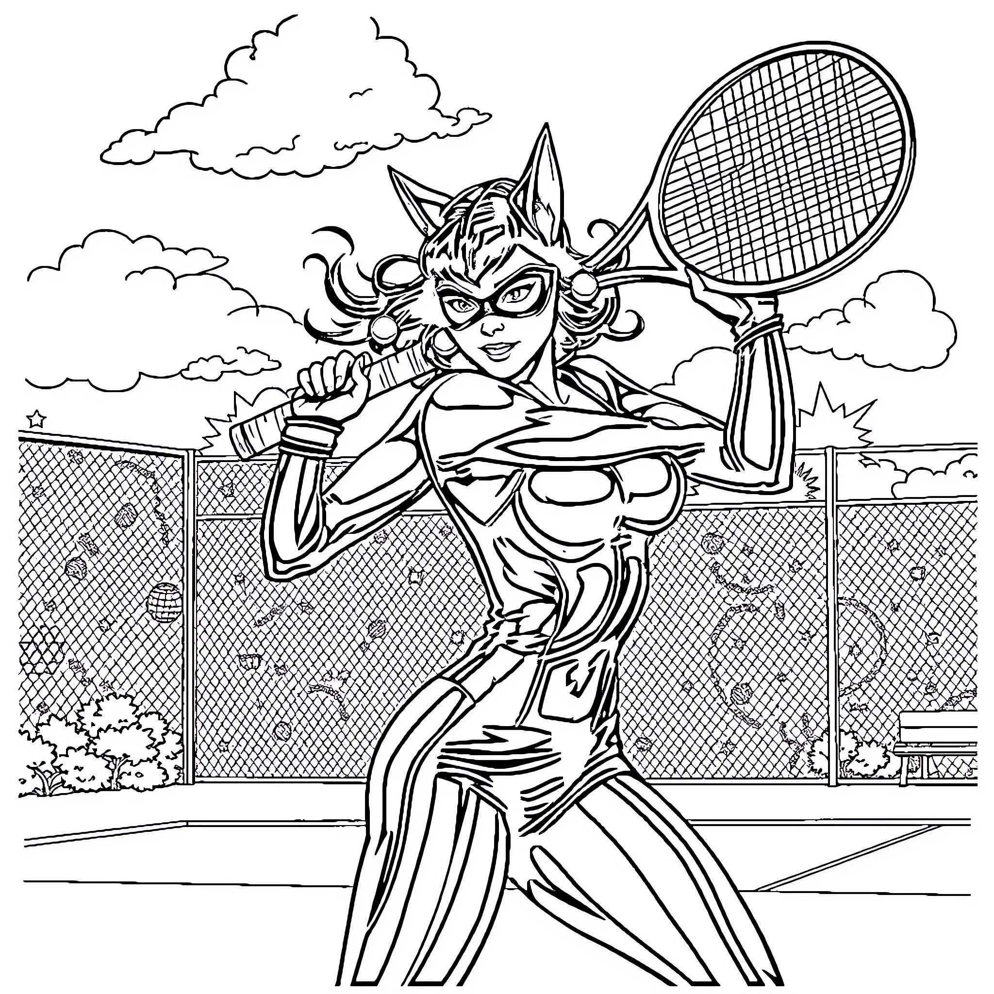 Catwoman playing tennis on the court Coloring Page (free black-and-white line drawing printable PDF for all, from beginners to advanced learners, including children, teens, adults, and seniors)
