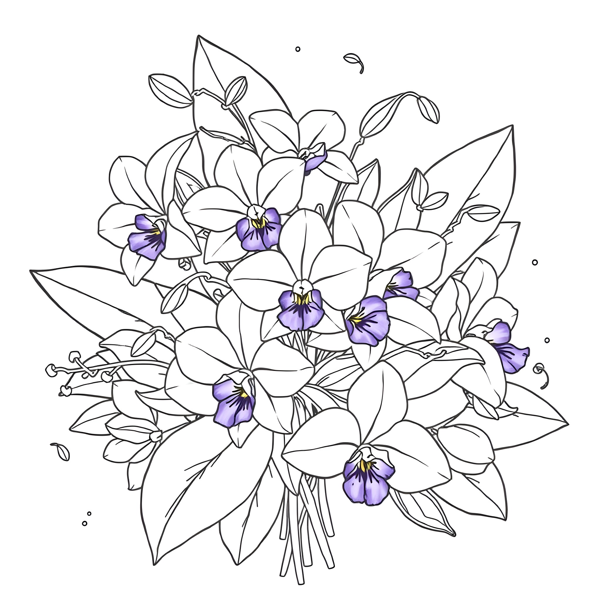 Flower bouquet with delicate floral arrangements Coloring Page (free black-and-white line drawing printable PDF for all, from beginners to advanced learners, including children, teens, adults, and seniors)