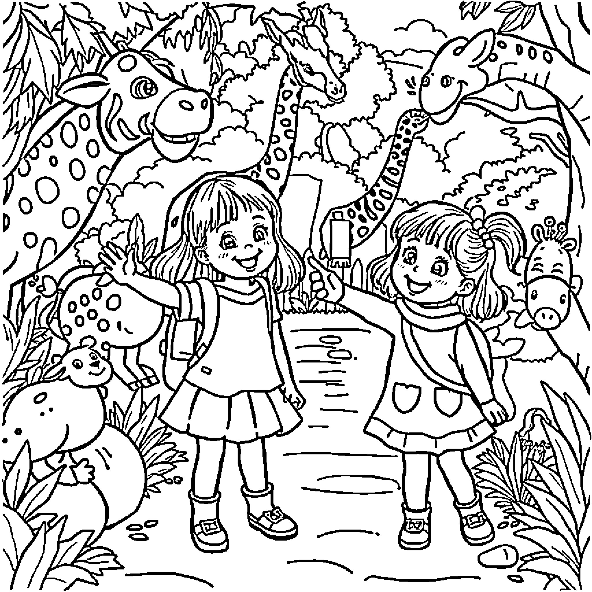 Girls exploring the jungle with animal friends Coloring Page (free black-and-white line drawing printable PDF for all, from beginners to advanced learners, including children, teens, adults, and seniors)