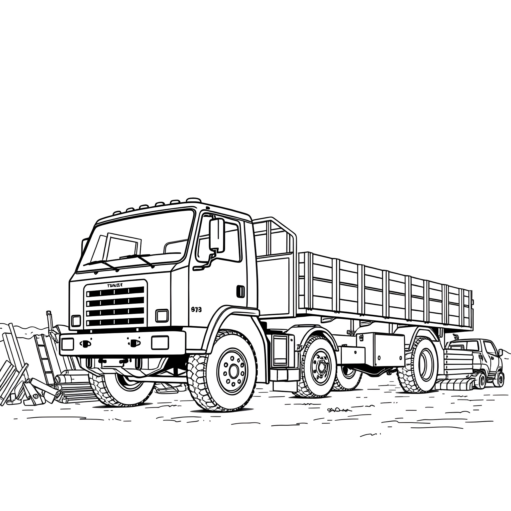 Flatbed truck transporting construction materials Coloring Page (free black-and-white line drawing printable PDF for all, from beginners to advanced learners, including children, teens, adults, and seniors)