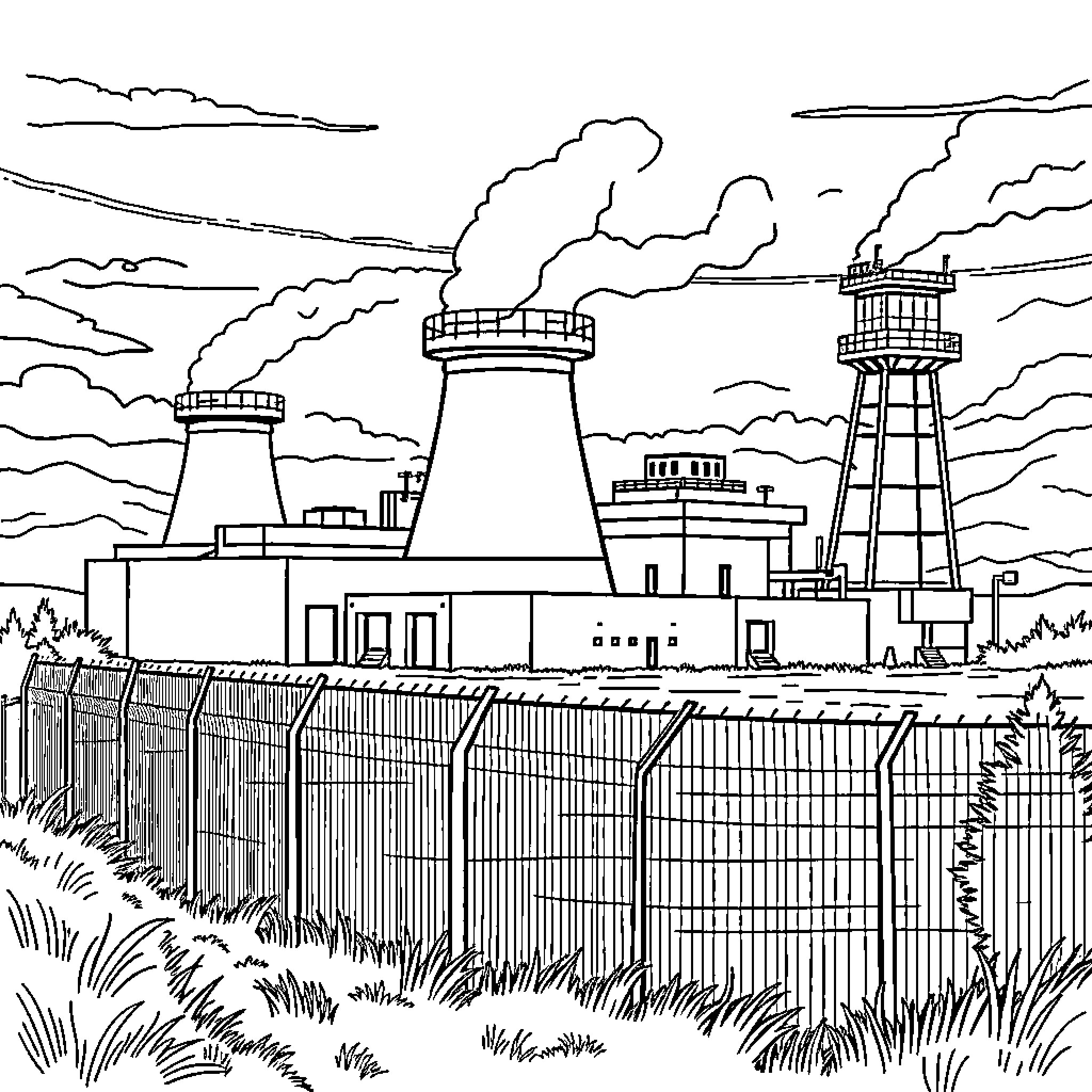 Nuclear Base with Fenced Facilities and Towers Coloring Page (free black-and-white line drawing printable PDF for all, from beginners to advanced learners, including children, teens, adults, and seniors)
