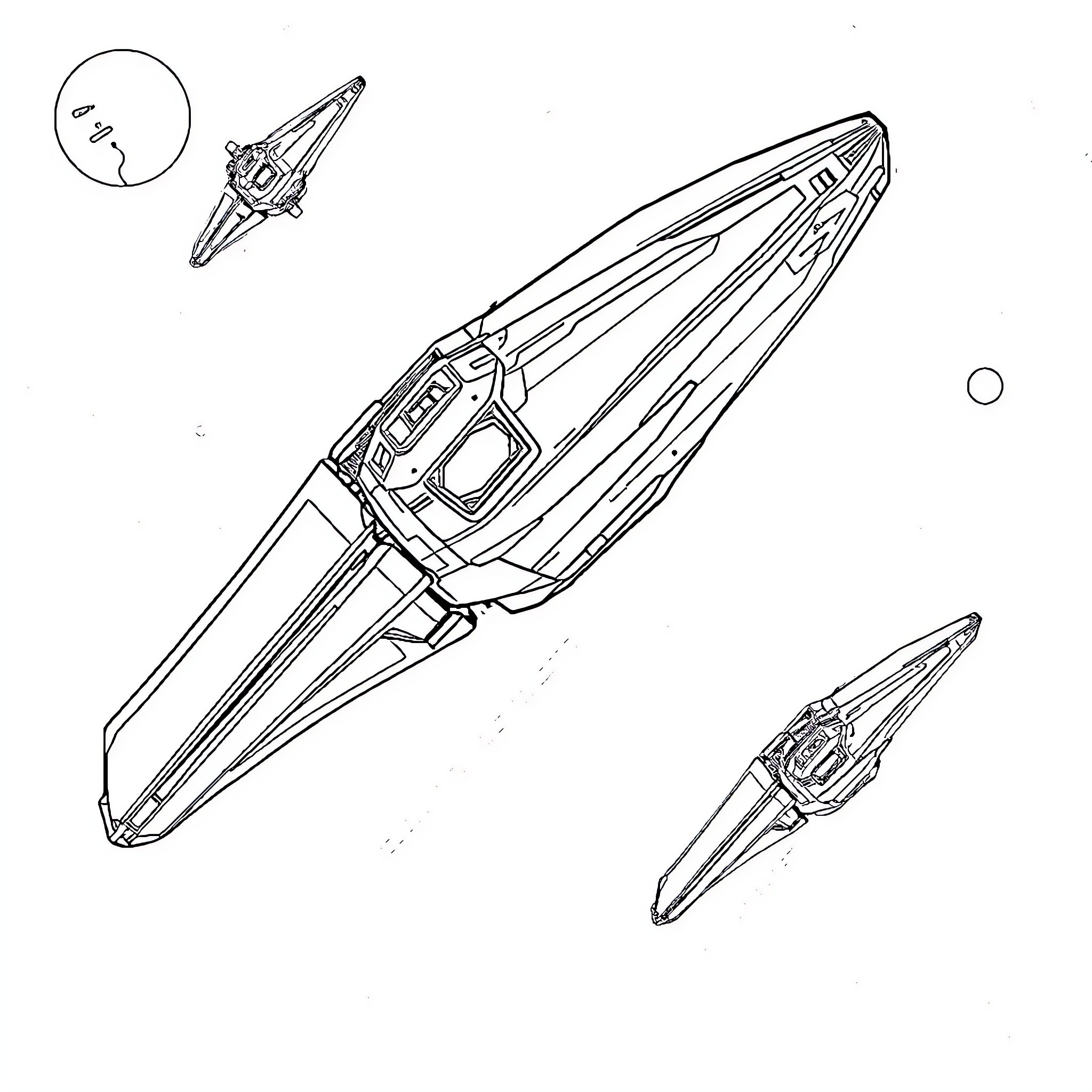 Star Wars Ship in Flight with Weapons Deployed Coloring Page (free black-and-white line drawing printable PDF for all, from beginners to advanced learners, including children, teens, adults, and seniors)