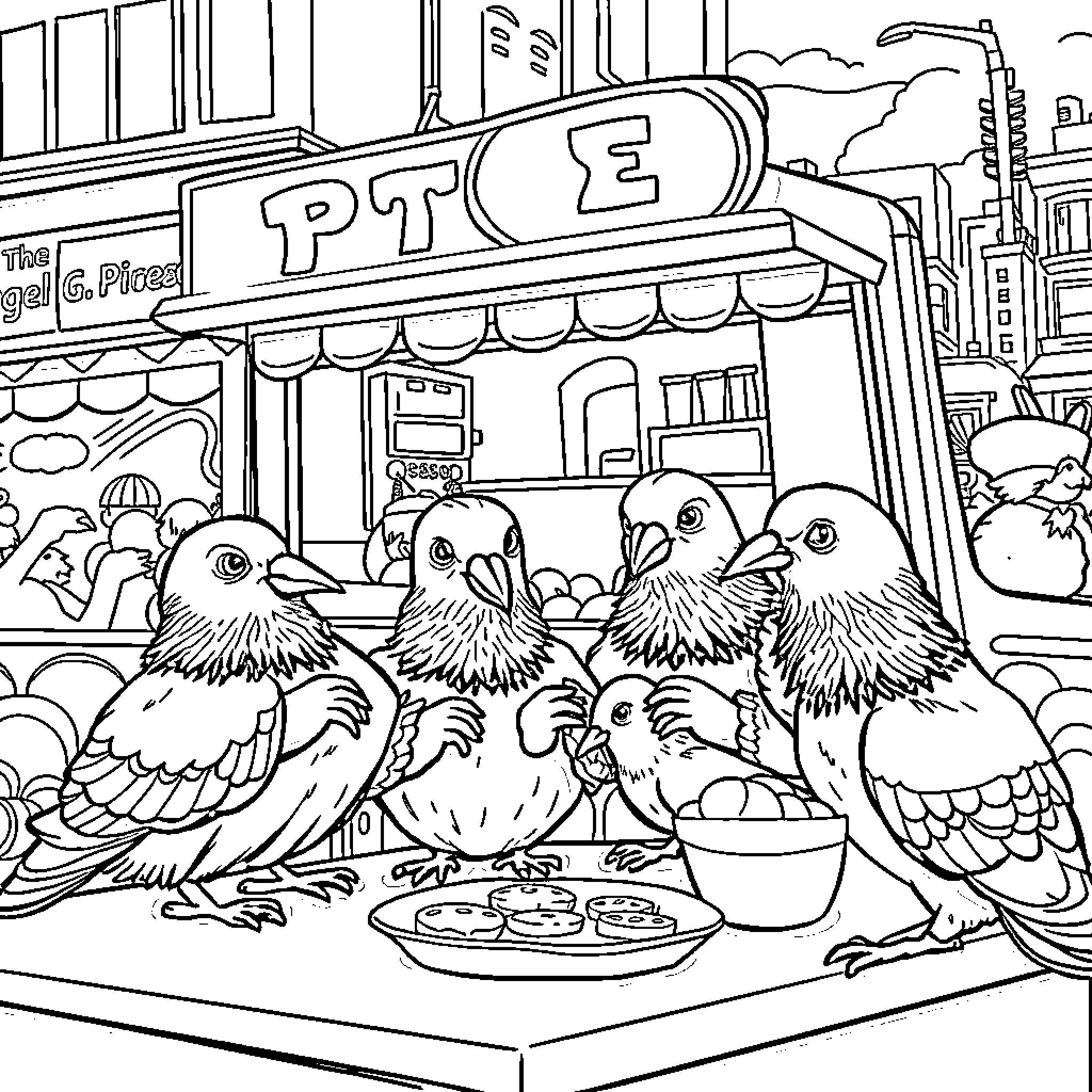 Pigeons enjoying a snack outside a pizza shop Coloring Page (free black-and-white line drawing printable PDF for all, from beginners to advanced learners, including children, teens, adults, and seniors)