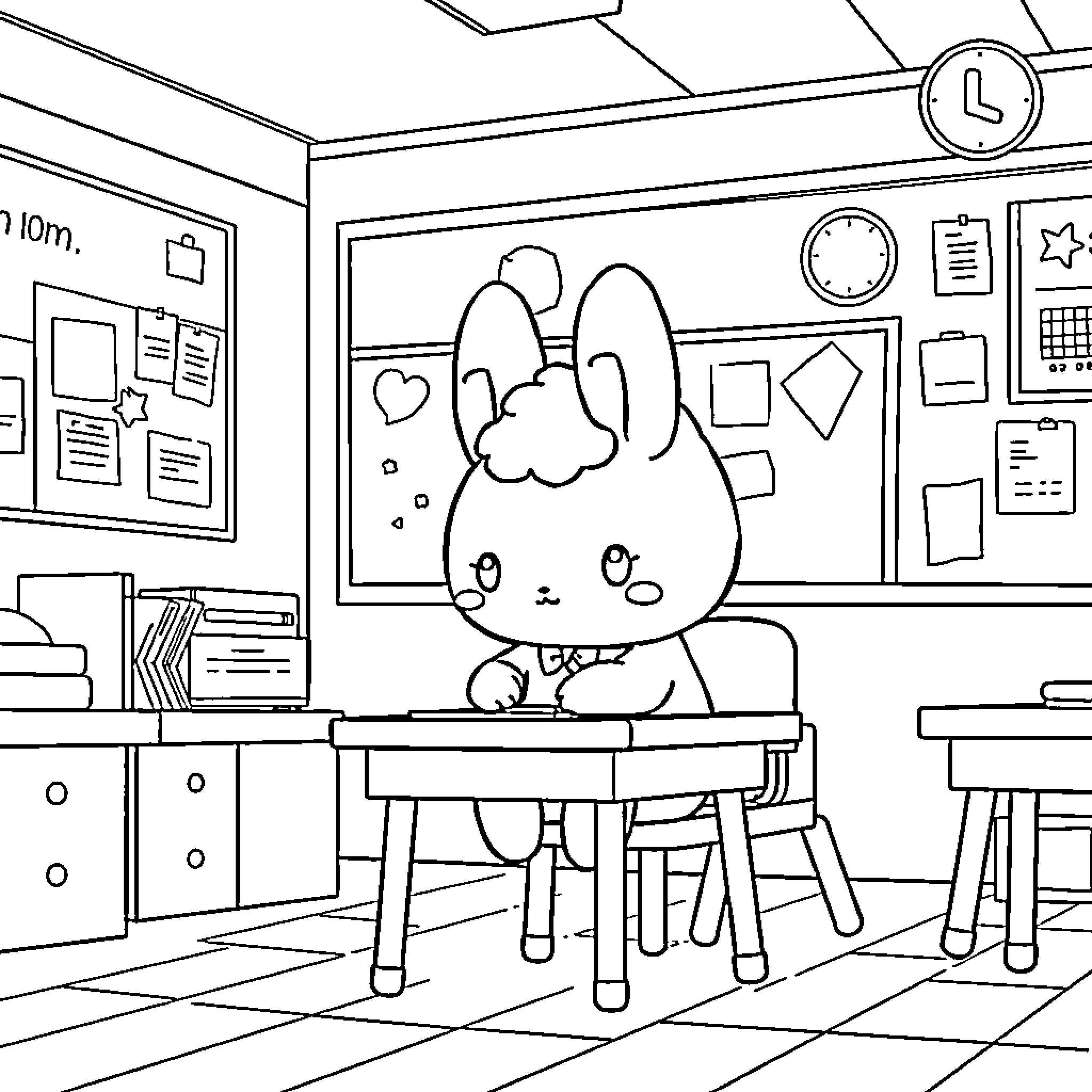 Cinamoroll in a cozy classroom setting Coloring Page (free black-and-white line drawing printable PDF for all, from beginners to advanced learners, including children, teens, adults, and seniors)