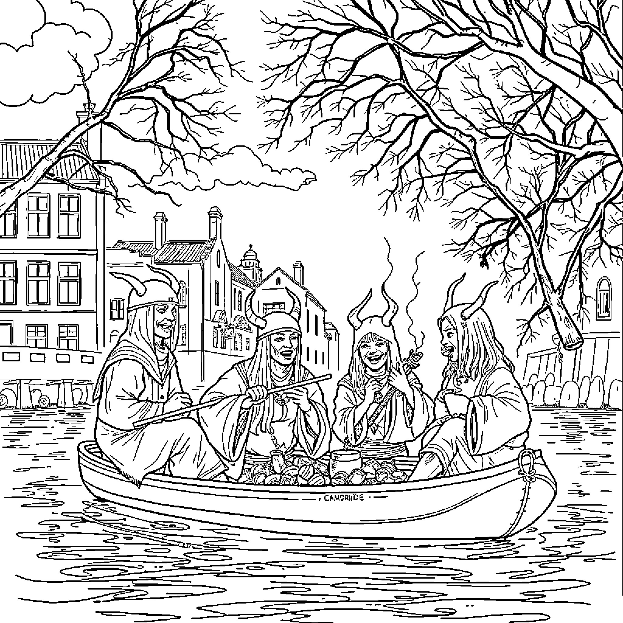 Demon Hunters Traversing the Enchanted Waterways Coloring Page (free black-and-white line drawing printable PDF for all, from beginners to advanced learners, including children, teens, adults, and seniors)