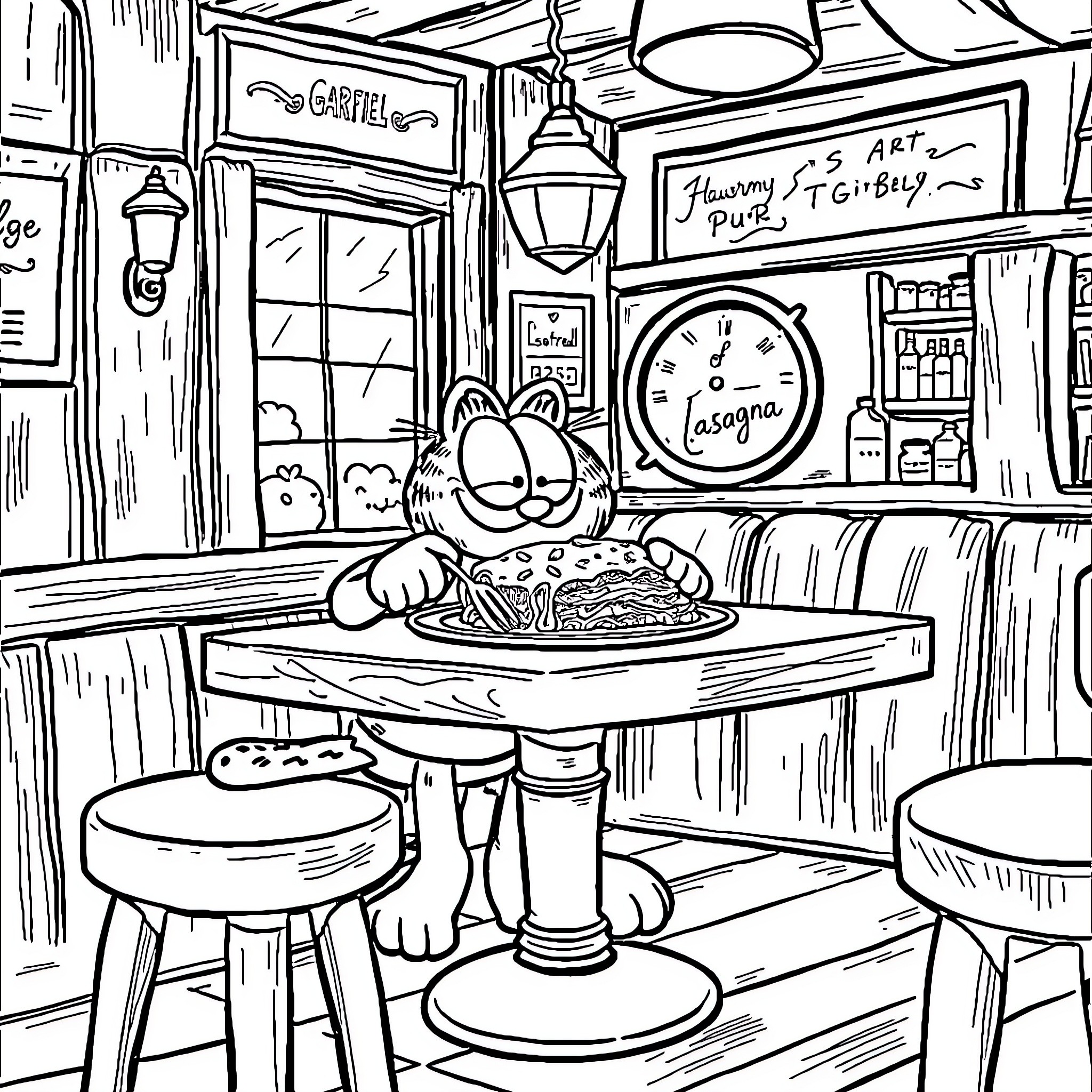 Garfield Enjoying a Meal in a Cozy Diner Coloring Page (free black-and-white line drawing printable PDF for all, from beginners to advanced learners, including children, teens, adults, and seniors)