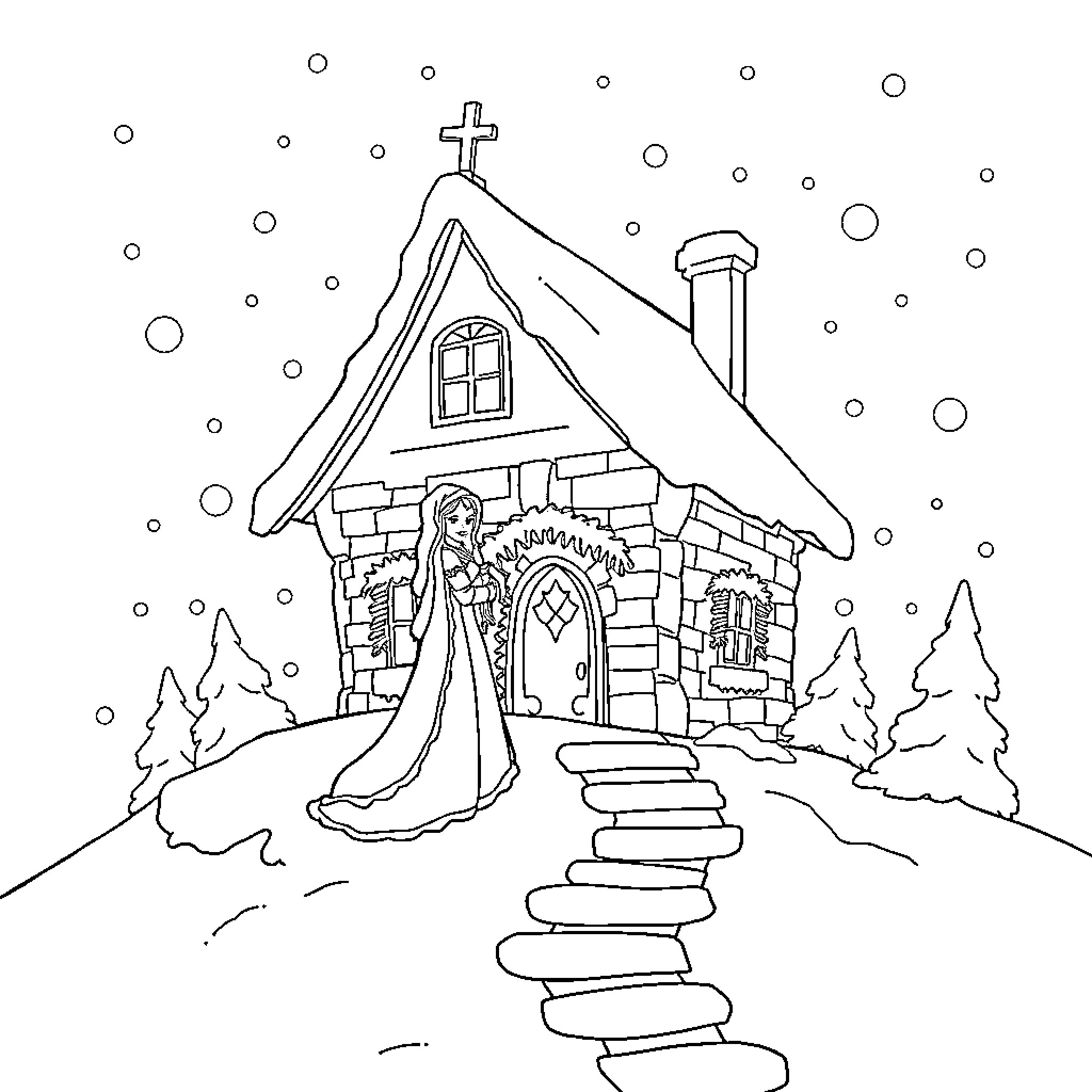 Queen's Snowy Cottage Retreat Coloring Page (free black-and-white line drawing printable PDF for all, from beginners to advanced learners, including children, teens, adults, and seniors)