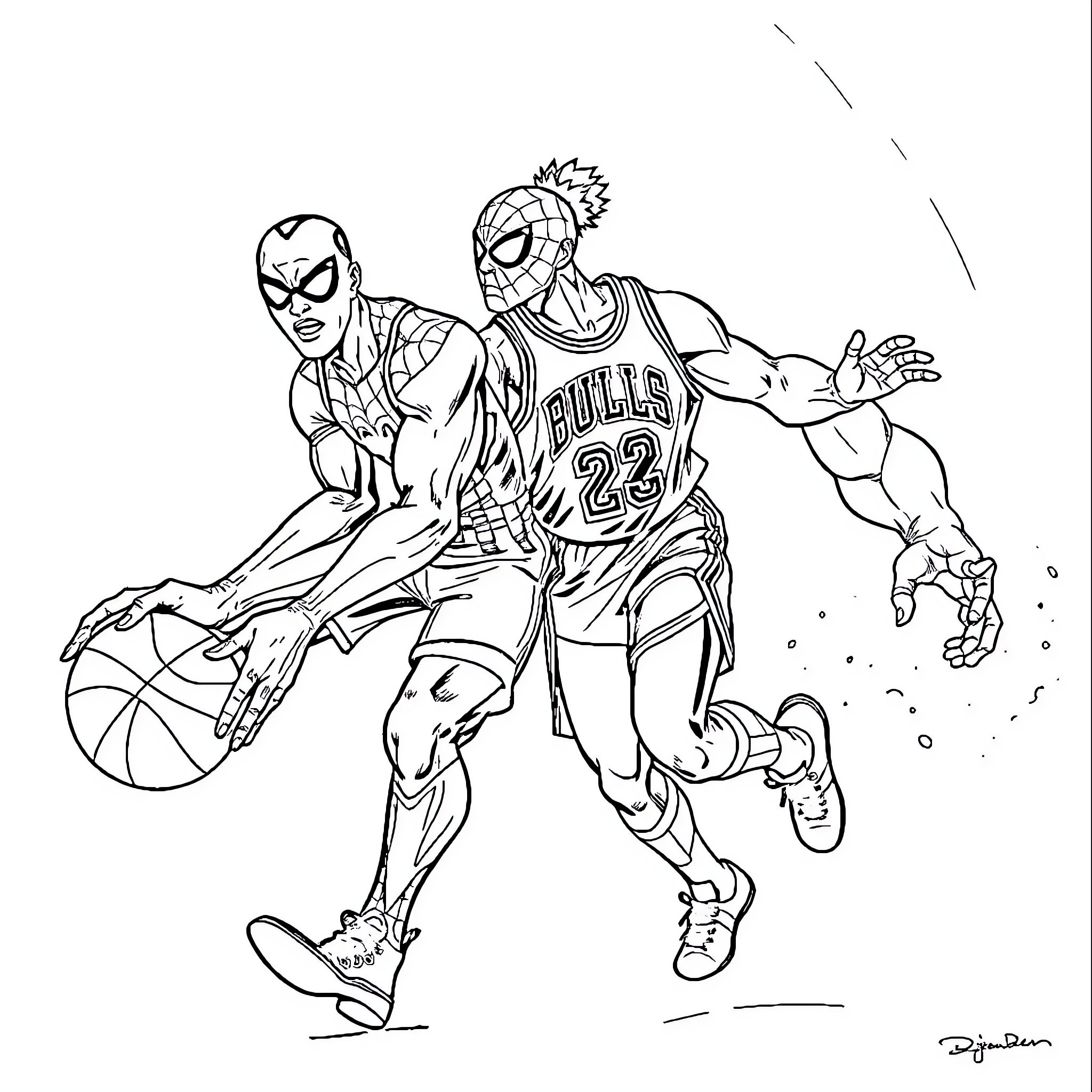 Basketball players in action with superheroes Coloring Page (free black-and-white line drawing printable PDF for all, from beginners to advanced learners, including children, teens, adults, and seniors)
