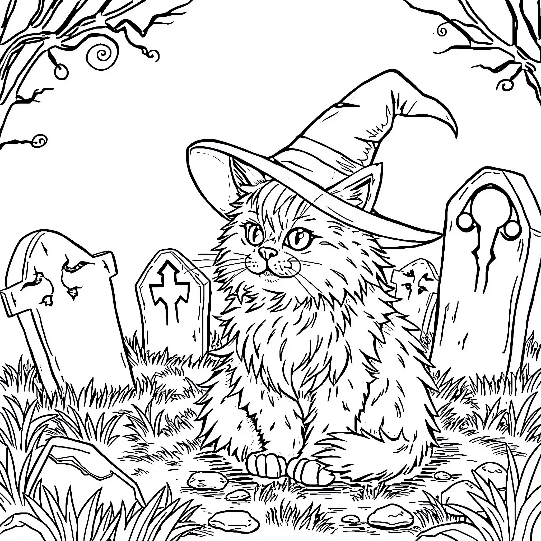 Cat in Spooky Halloween Setting Coloring Page (free black-and-white line drawing printable PDF for all, from beginners to advanced learners, including children, teens, adults, and seniors)