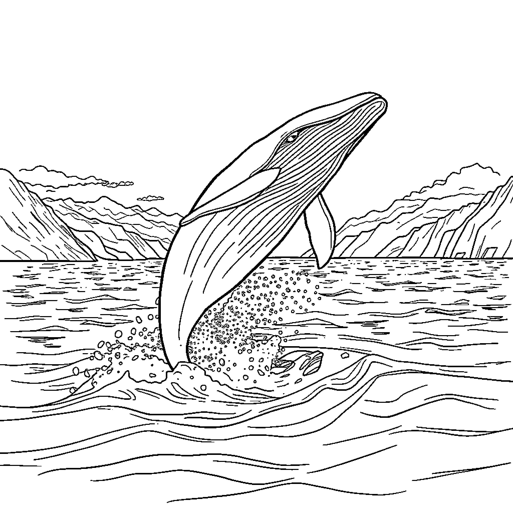 Whale breaching the ocean waves Coloring Page (free black-and-white line drawing printable PDF for all, from beginners to advanced learners, including children, teens, adults, and seniors)