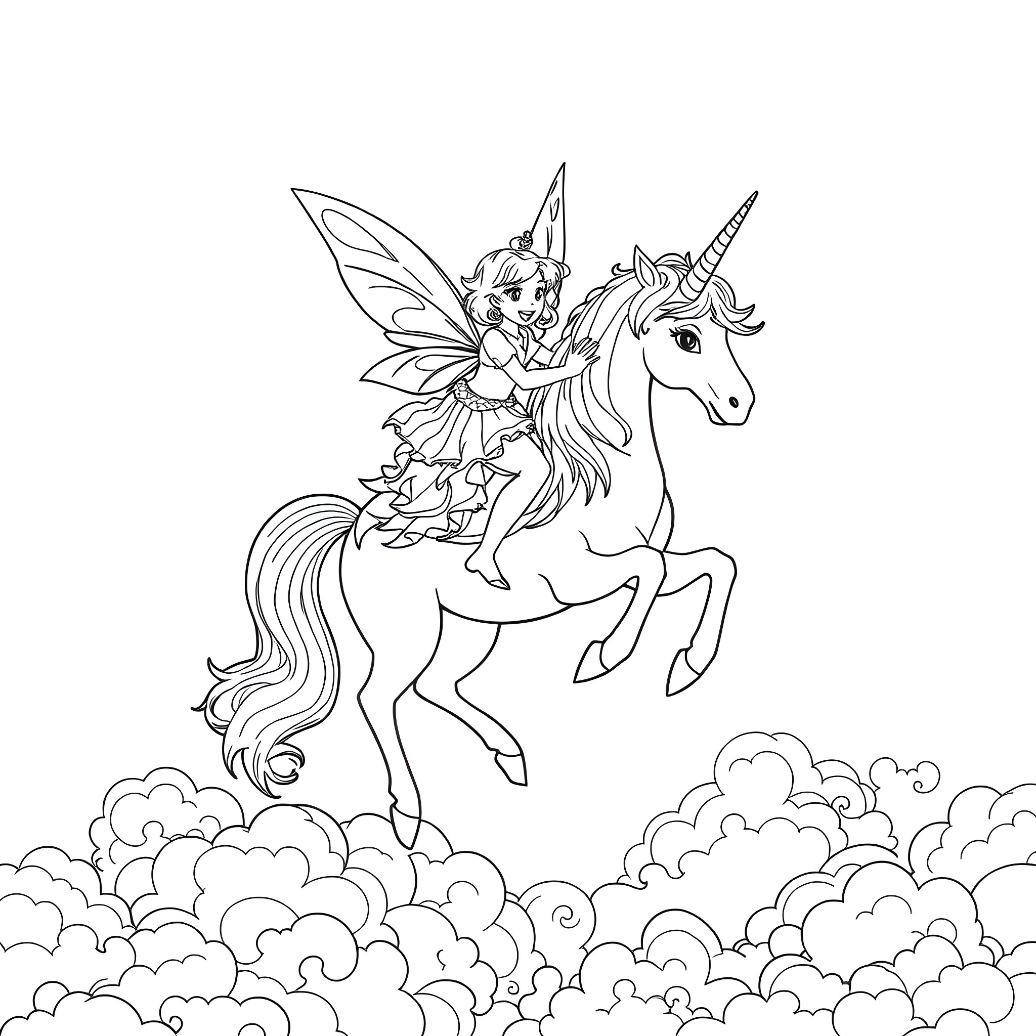 Fairy riding a majestic unicorn in the clouds Coloring Page (free black-and-white line drawing printable PDF for all, from beginners to advanced learners, including children, teens, adults, and seniors)