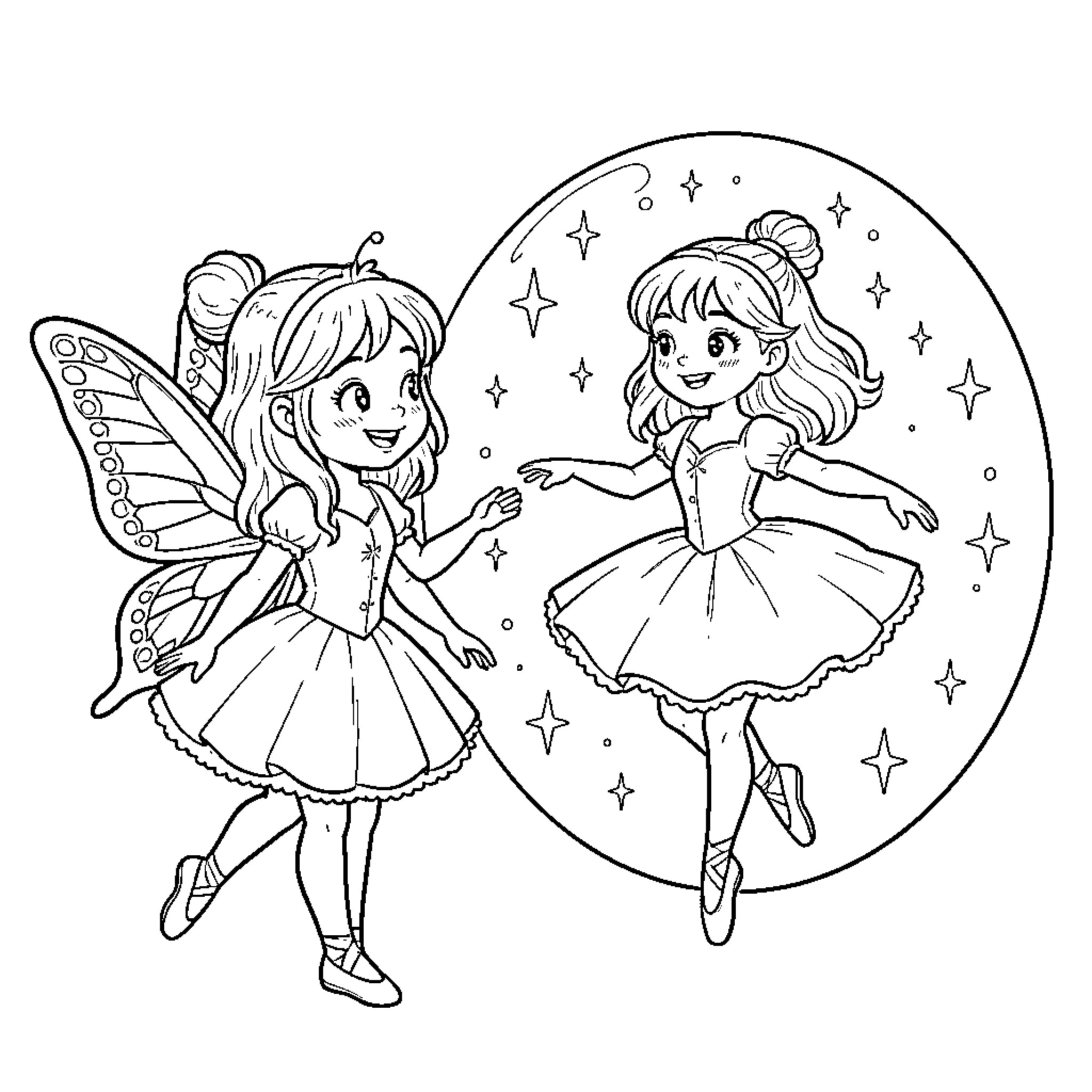 Fairy friends dancing in the starry night Coloring Page (free black-and-white line drawing printable PDF for all, from beginners to advanced learners, including children, teens, adults, and seniors)
