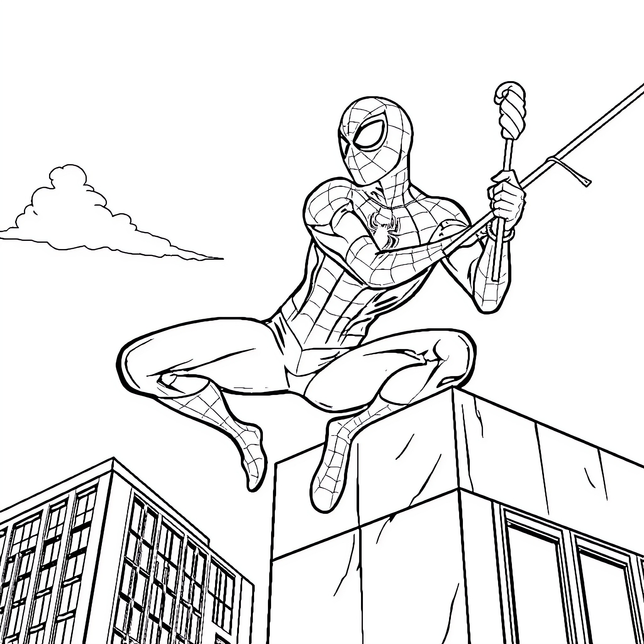 Spiderman swinging into action on the city rooftops Coloring Page (free black-and-white line drawing printable PDF for all, from beginners to advanced learners, including children, teens, adults, and seniors)