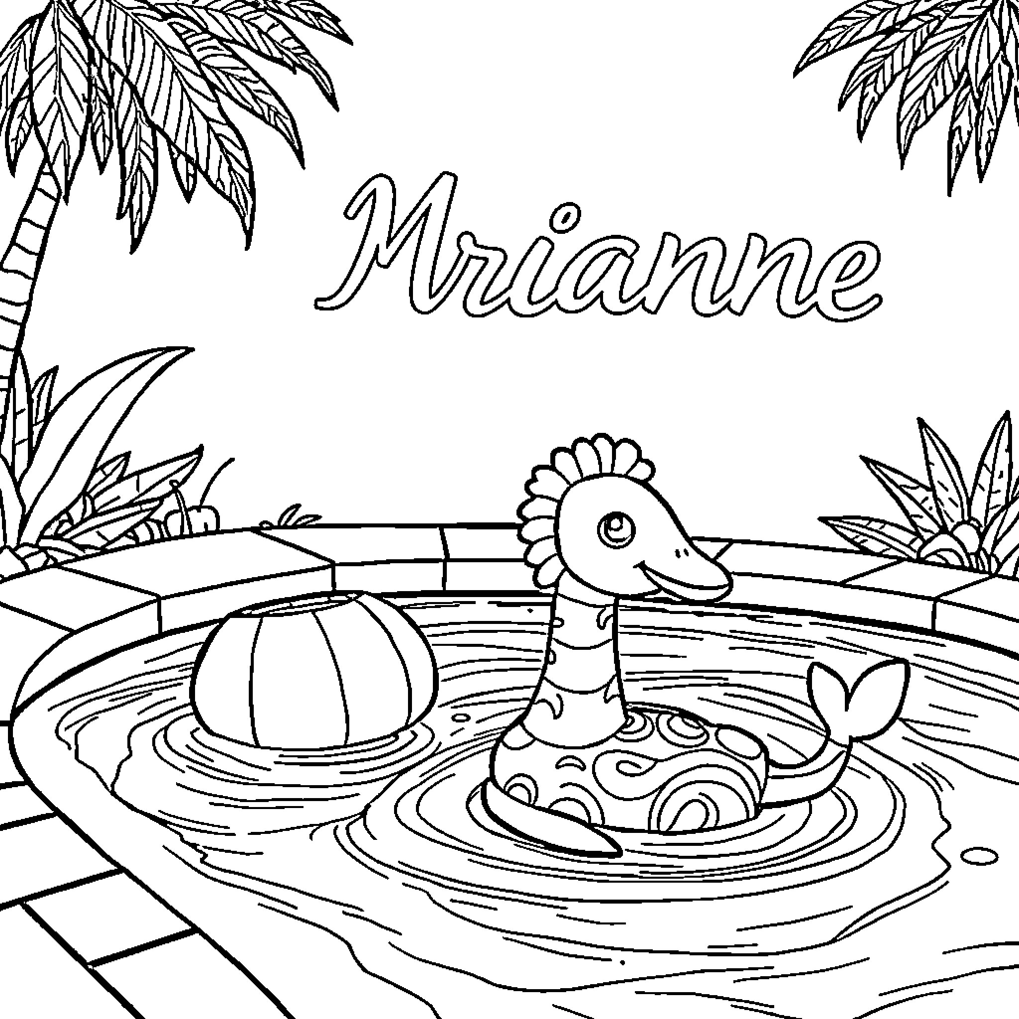 Cocopanto's Pool Party with Tropical Friends Coloring Page (free black-and-white line drawing printable PDF for all, from beginners to advanced learners, including children, teens, adults, and seniors)