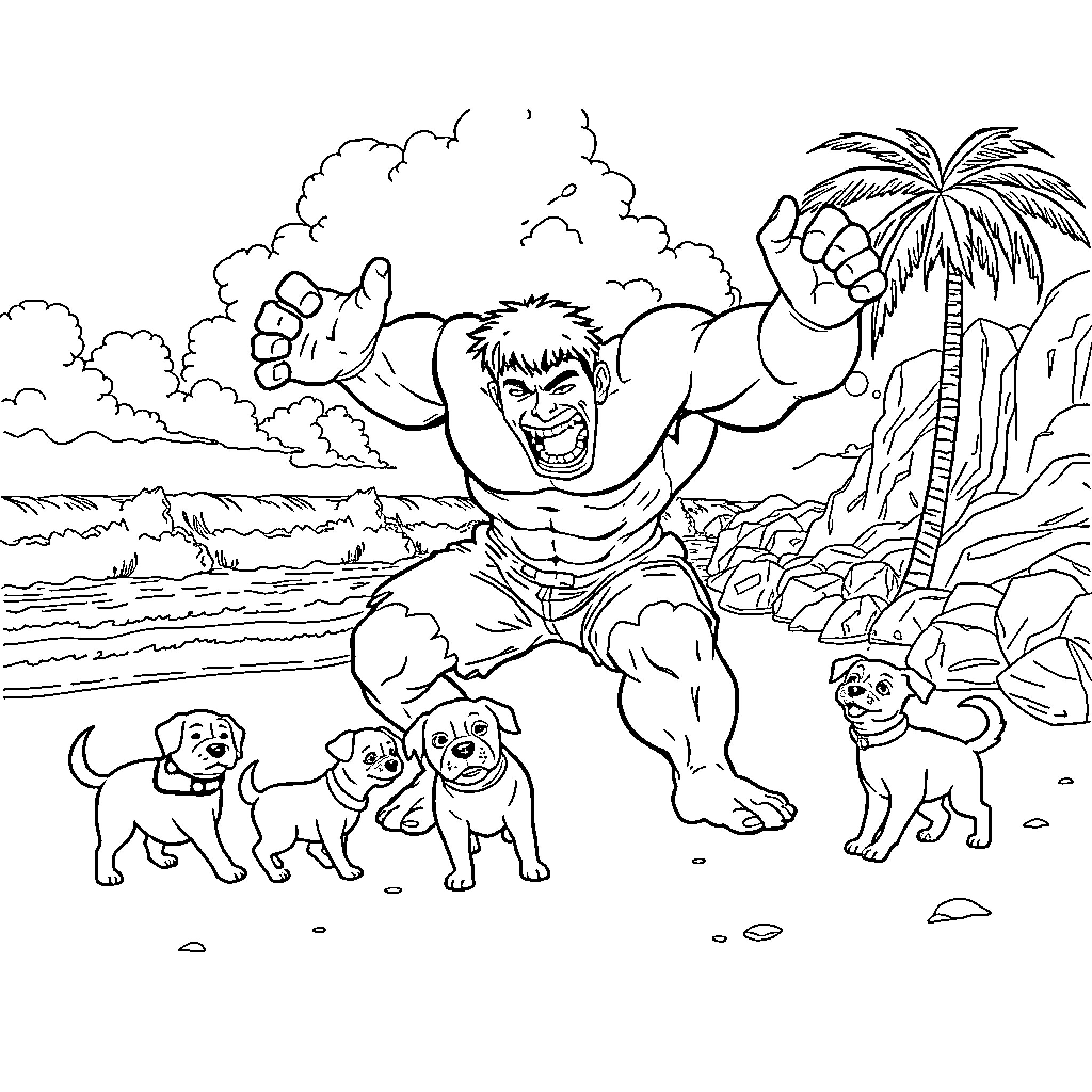 Hulk's Exciting Adventure with Canine Companions Coloring Page (free black-and-white line drawing printable PDF for all, from beginners to advanced learners, including children, teens, adults, and seniors)