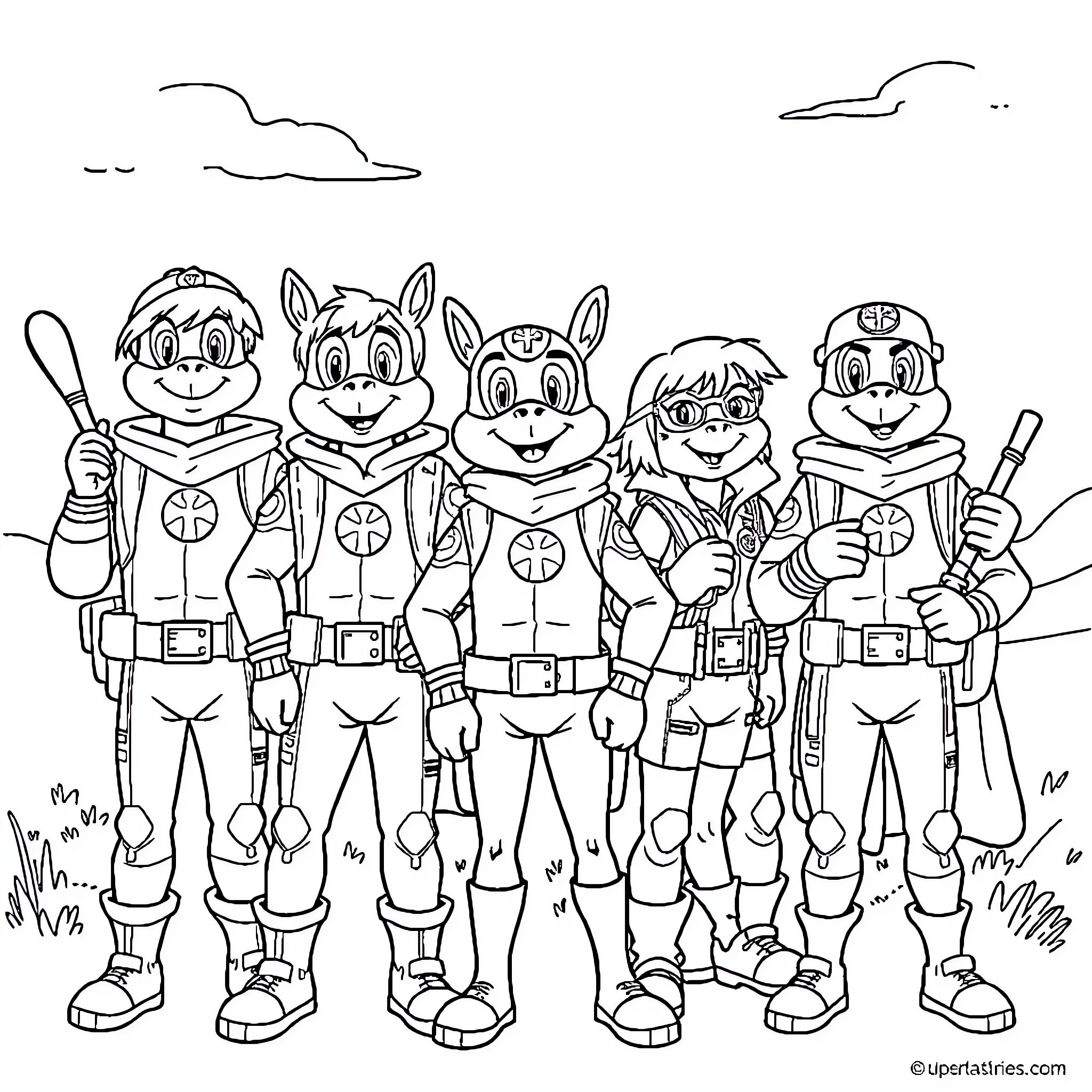 Paw Patrol team in action poses Coloring Page (free black-and-white line drawing printable PDF for all, from beginners to advanced learners, including children, teens, adults, and seniors)