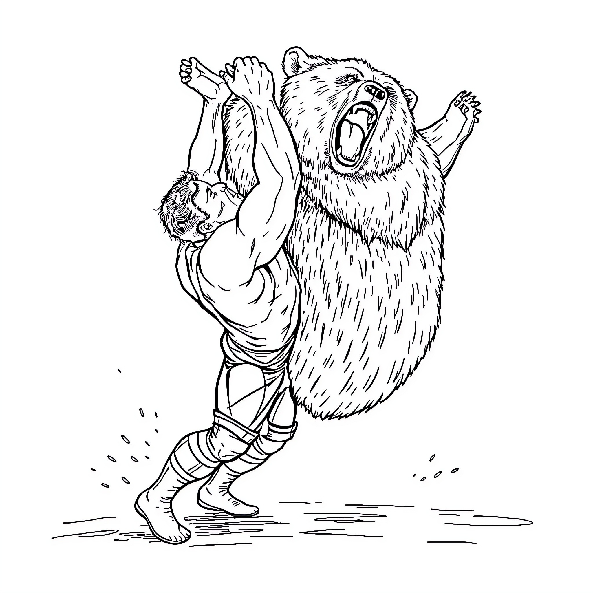 Wrestler grappling with a fierce bear Coloring Page (free black-and-white line drawing printable PDF for all, from beginners to advanced learners, including children, teens, adults, and seniors)