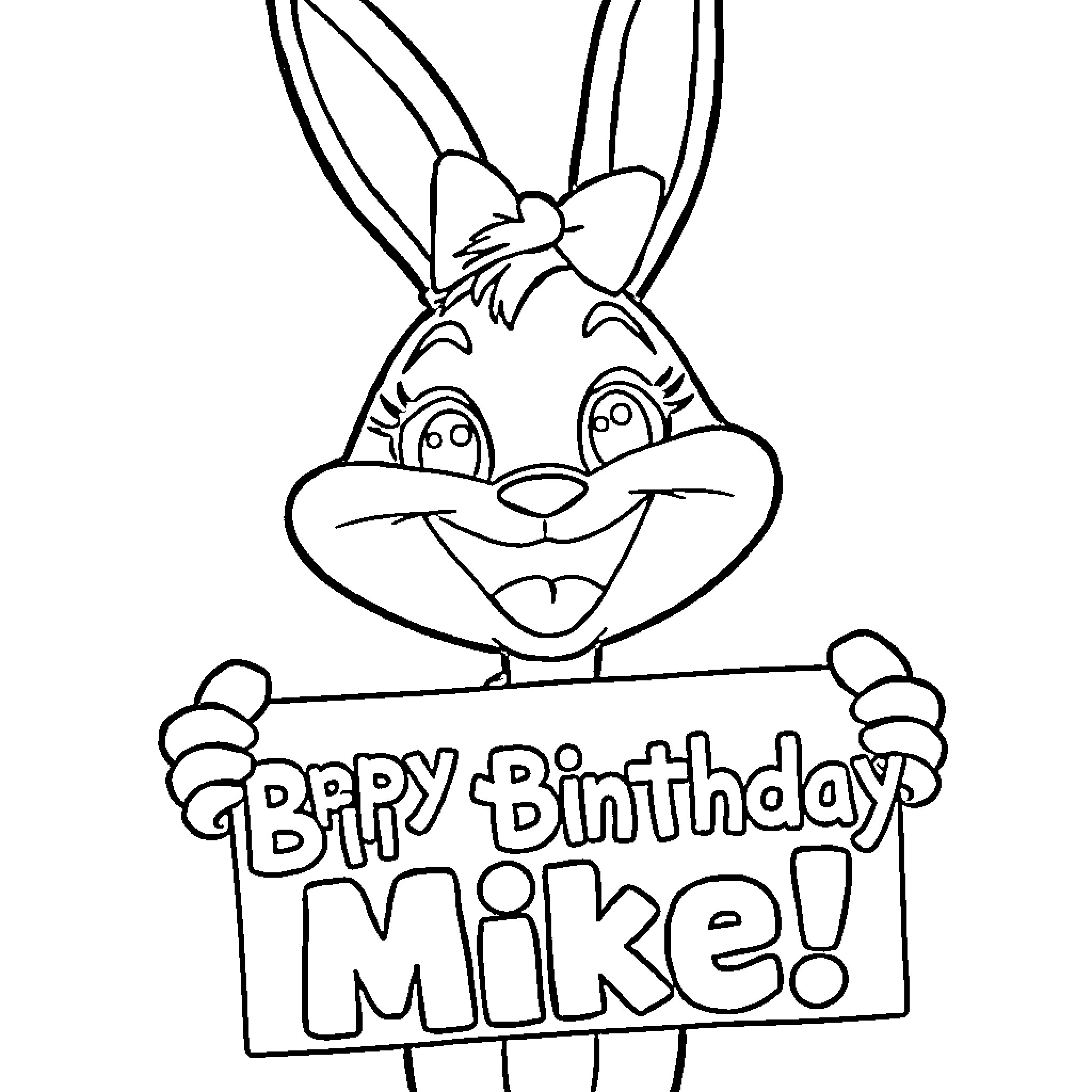 Judy Hopps holding a 'Happy Birthday, Mike!' sign Coloring Page (free black-and-white line drawing printable PDF for all, from beginners to advanced learners, including children, teens, adults, and seniors)