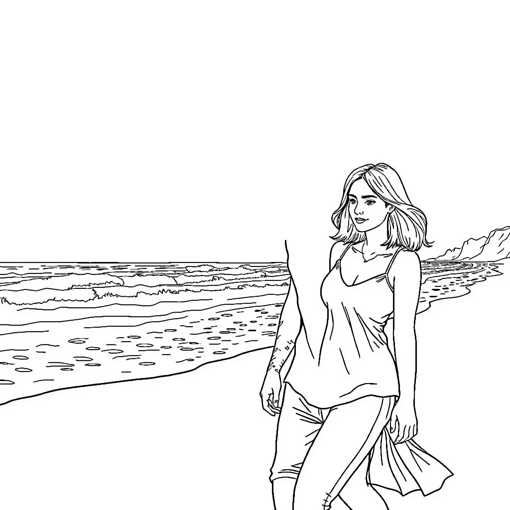 Man and Woman Walking by the Beach Coloring Page (free black-and-white line drawing printable PDF for all, from beginners to advanced learners, including children, teens, adults, and seniors)