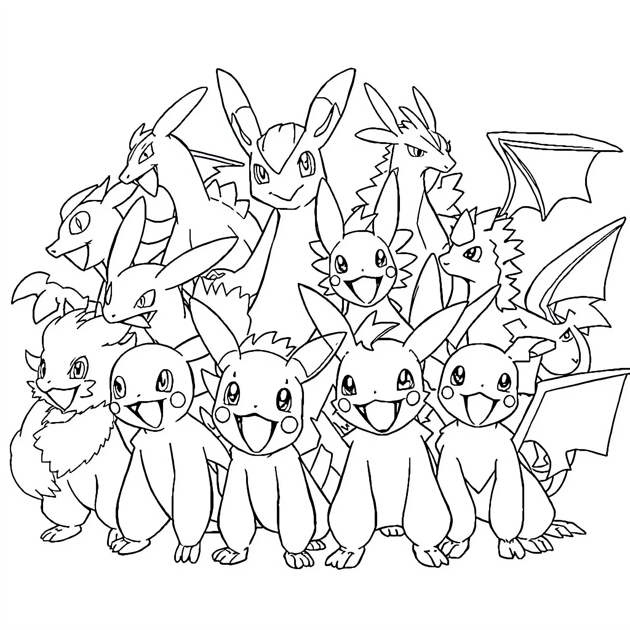 Pokémon Characters in an Animated Group Scene Coloring Page (free black-and-white line drawing printable PDF for all, from beginners to advanced learners, including children, teens, adults, and seniors)