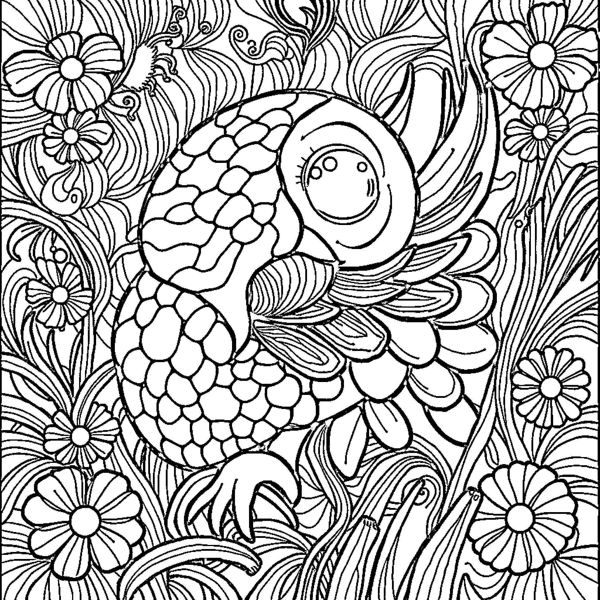 Labubu's Whimsical Underwater Adventure Coloring Page (free black-and-white line drawing printable PDF for all, from beginners to advanced learners, including children, teens, adults, and seniors)