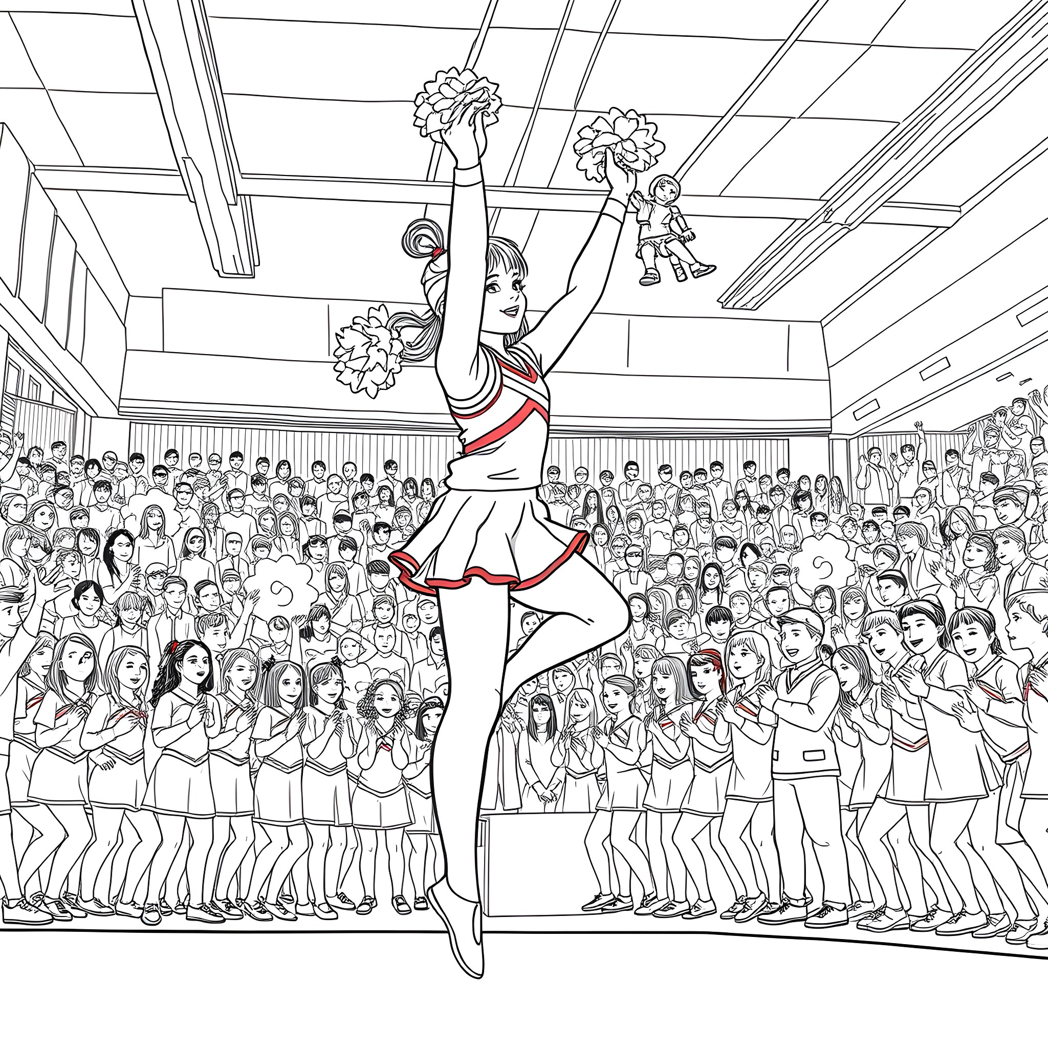Girl dancing energetically on stage before a crowd Coloring Page (free black-and-white line drawing printable PDF for all, from beginners to advanced learners, including children, teens, adults, and seniors)
