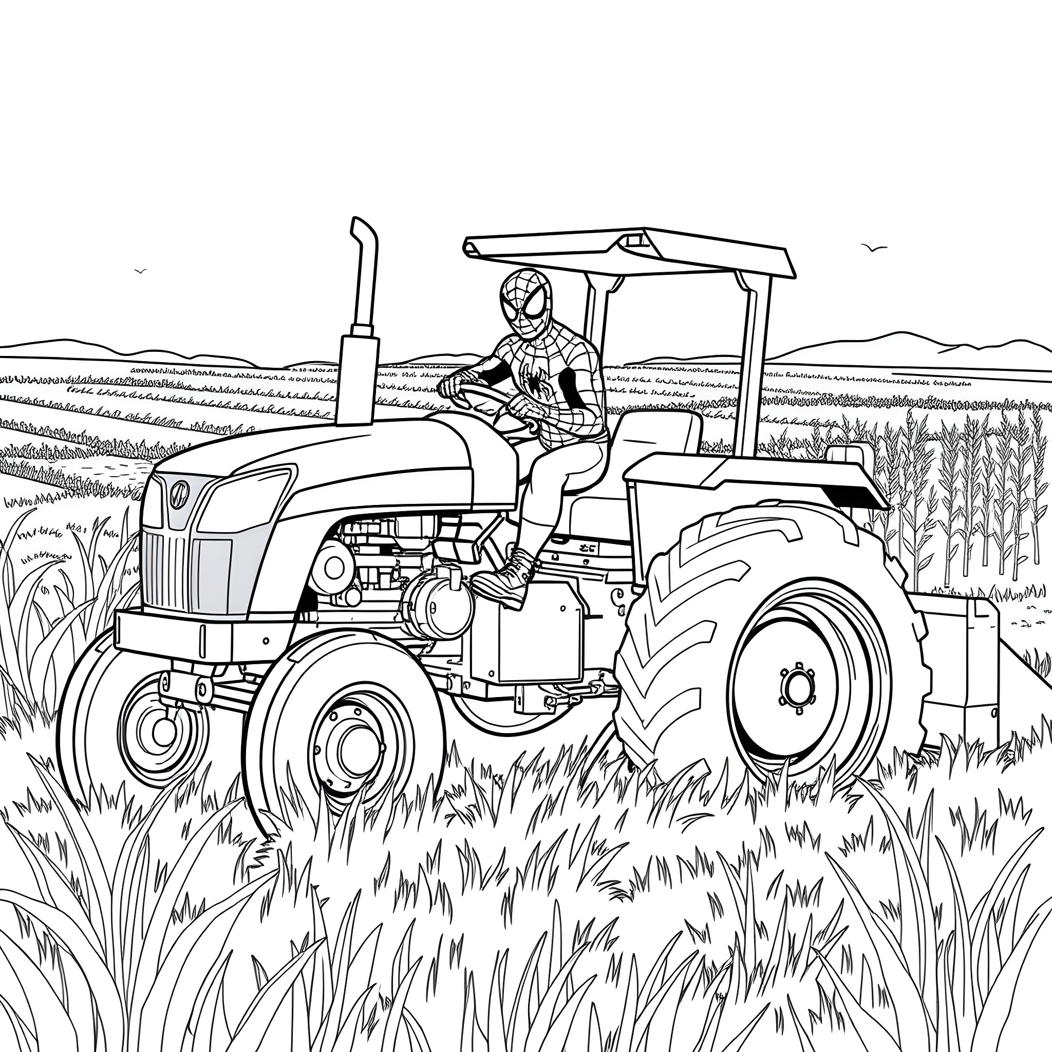Spider-Man driving a tractor in a rural landscape Coloring Page (free black-and-white line drawing printable PDF for all, from beginners to advanced learners, including children, teens, adults, and seniors)