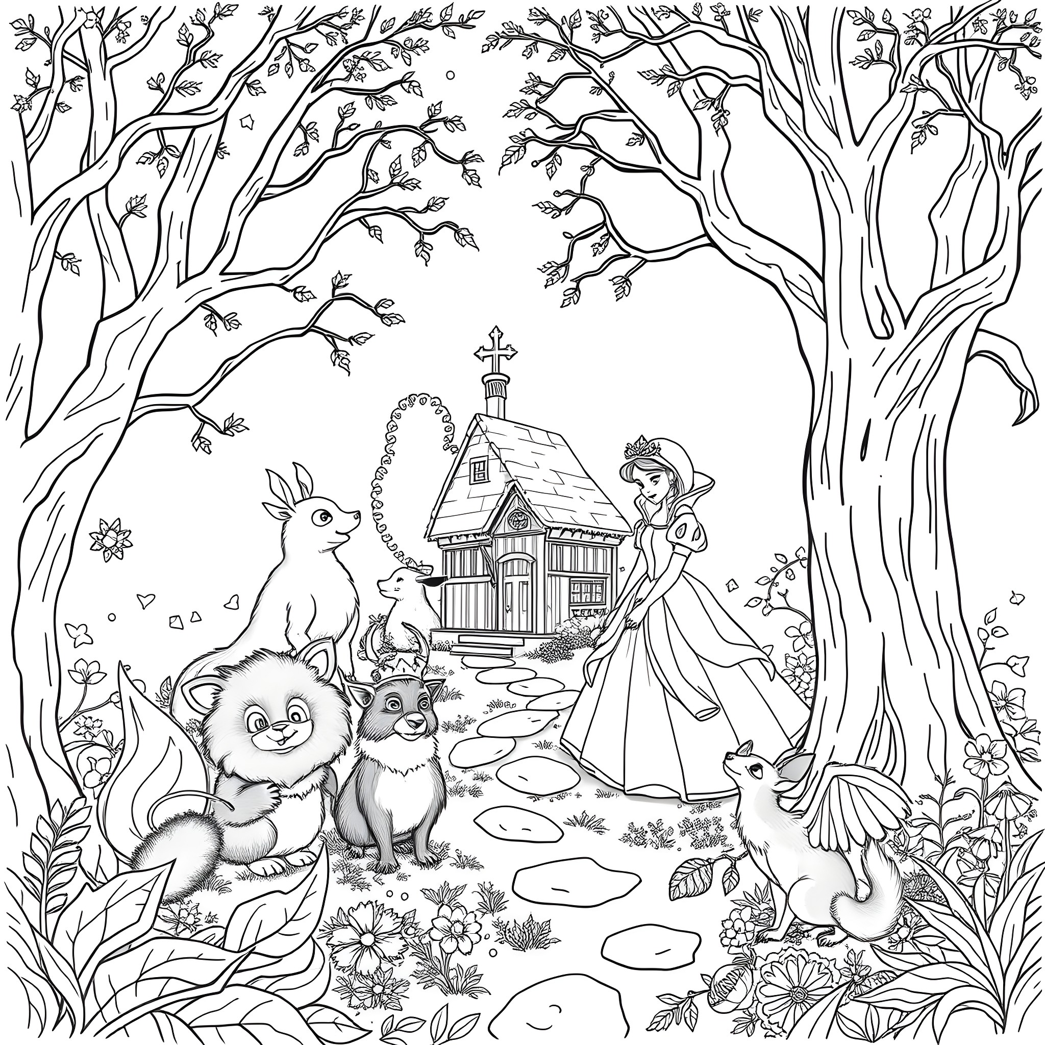 Snow White's Enchanted Forest Adventure Coloring Page (free black-and-white line drawing printable PDF for all, from beginners to advanced learners, including children, teens, adults, and seniors)