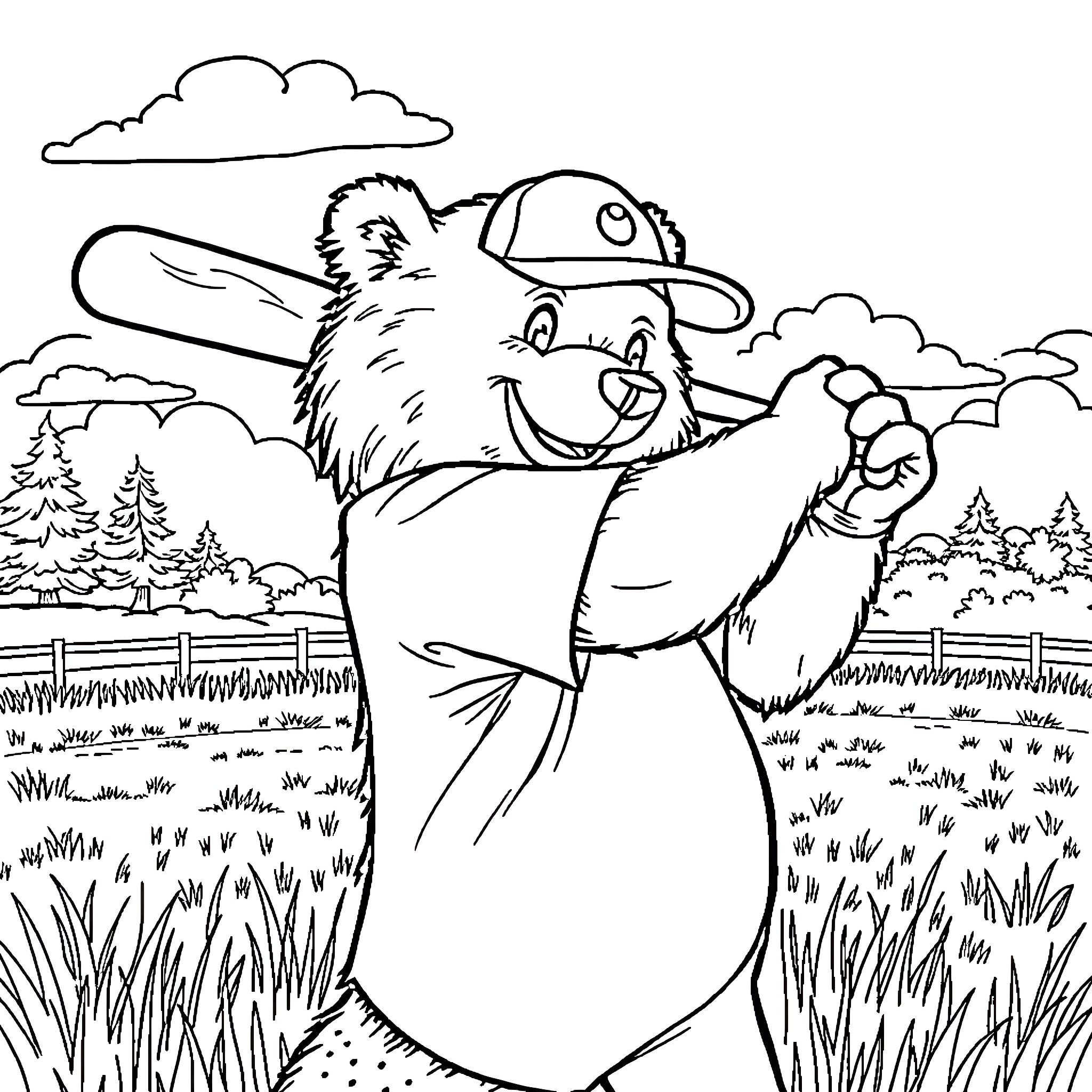 Grizzly Bear Fishing in the Wilderness Coloring Page (free black-and-white line drawing printable PDF for all, from beginners to advanced learners, including children, teens, adults, and seniors)
