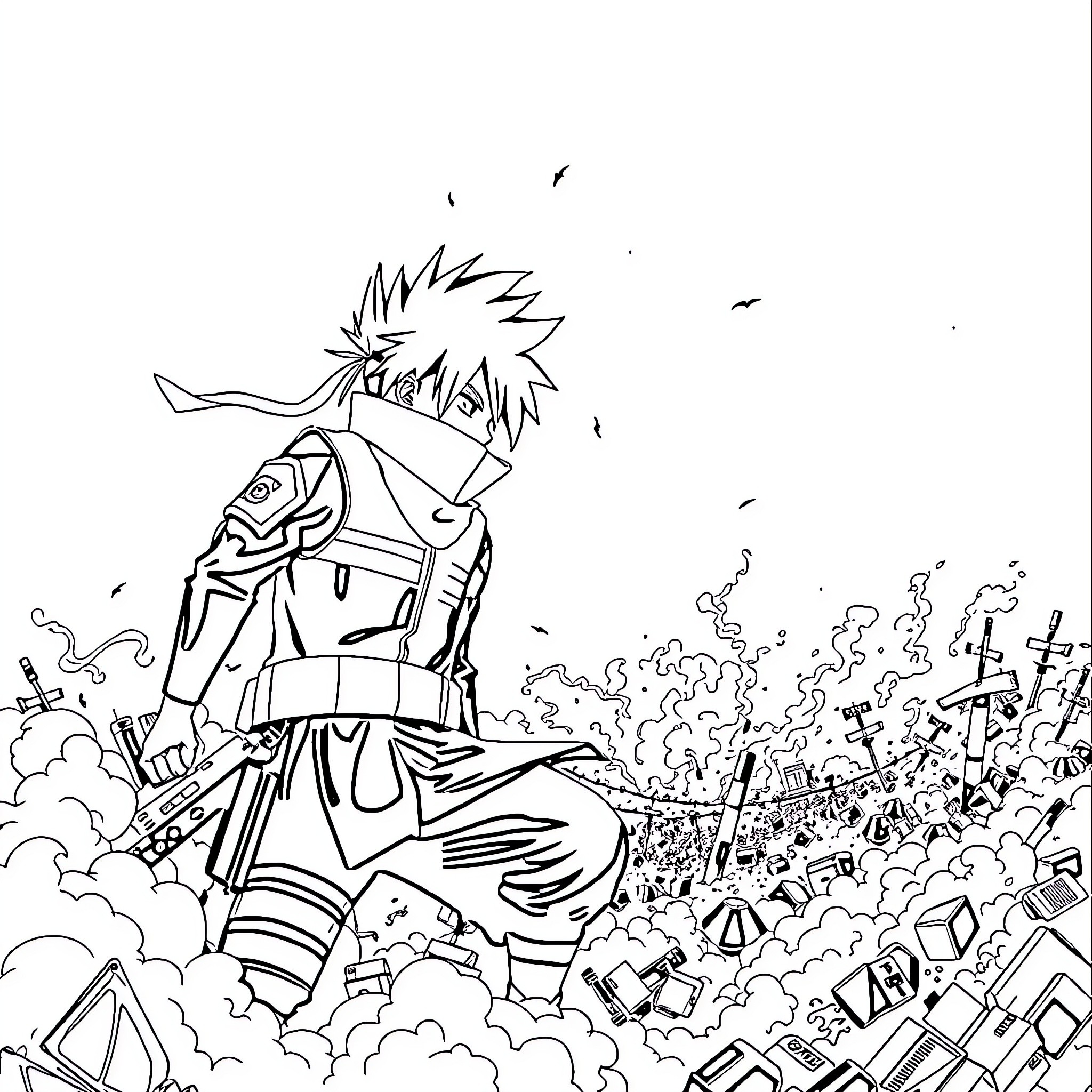 Kakashi Unleashing Powerful Jutsu Amid Chaotic Destruction Coloring Page (free black-and-white line drawing printable PDF for all, from beginners to advanced learners, including children, teens, adults, and seniors)