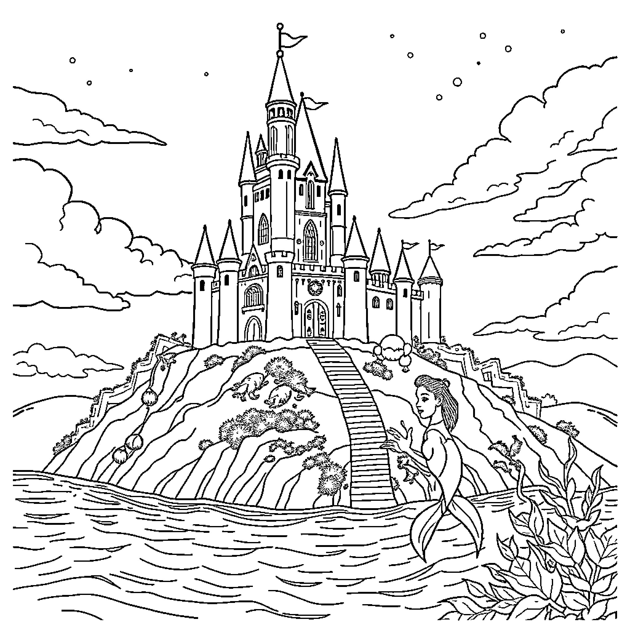 Castle of Wonder and Enchantment Coloring Page (free black-and-white line drawing printable PDF for all, from beginners to advanced learners, including children, teens, adults, and seniors)