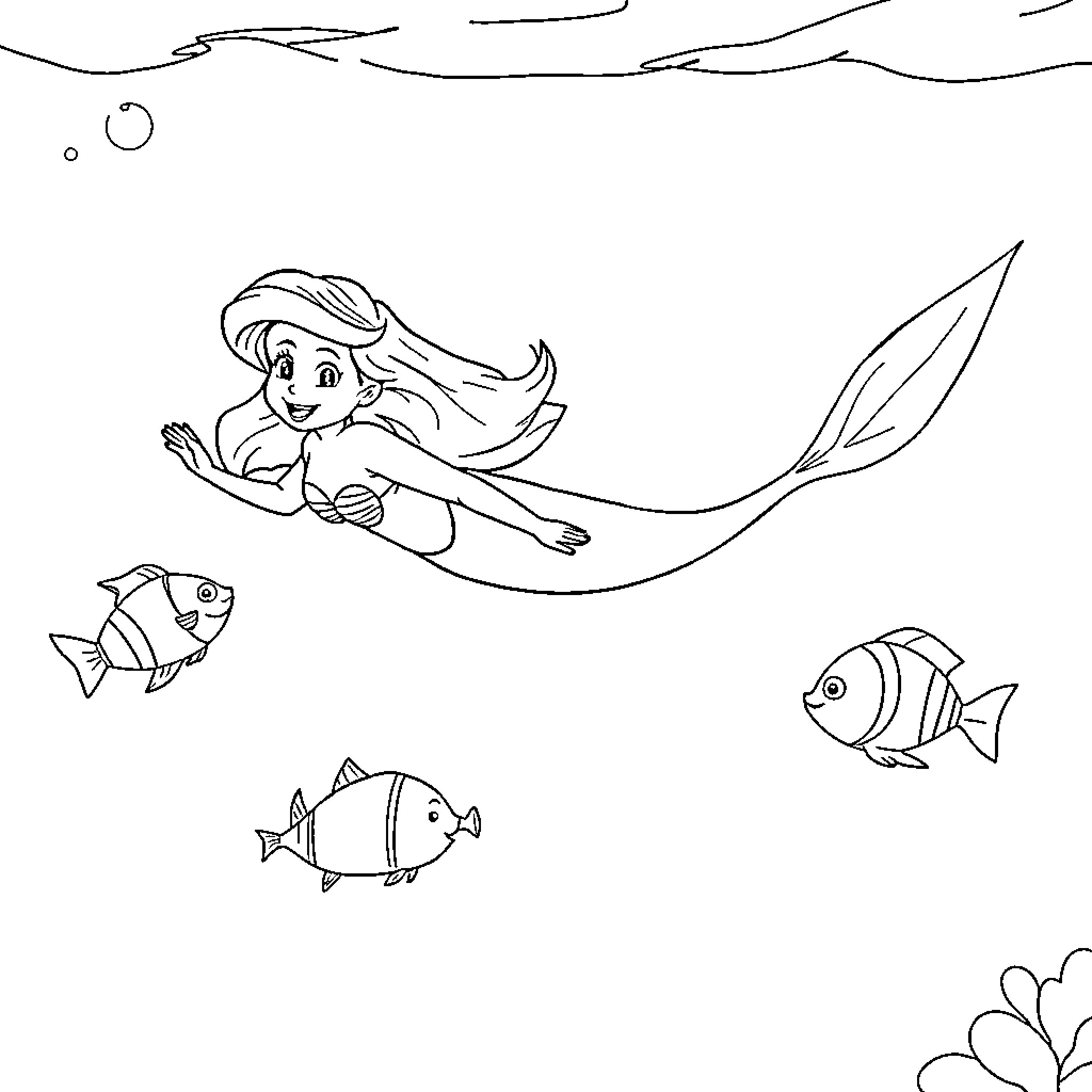 Ariel swimming with tropical fish Coloring Page (free black-and-white line drawing printable PDF for all, from beginners to advanced learners, including children, teens, adults, and seniors)