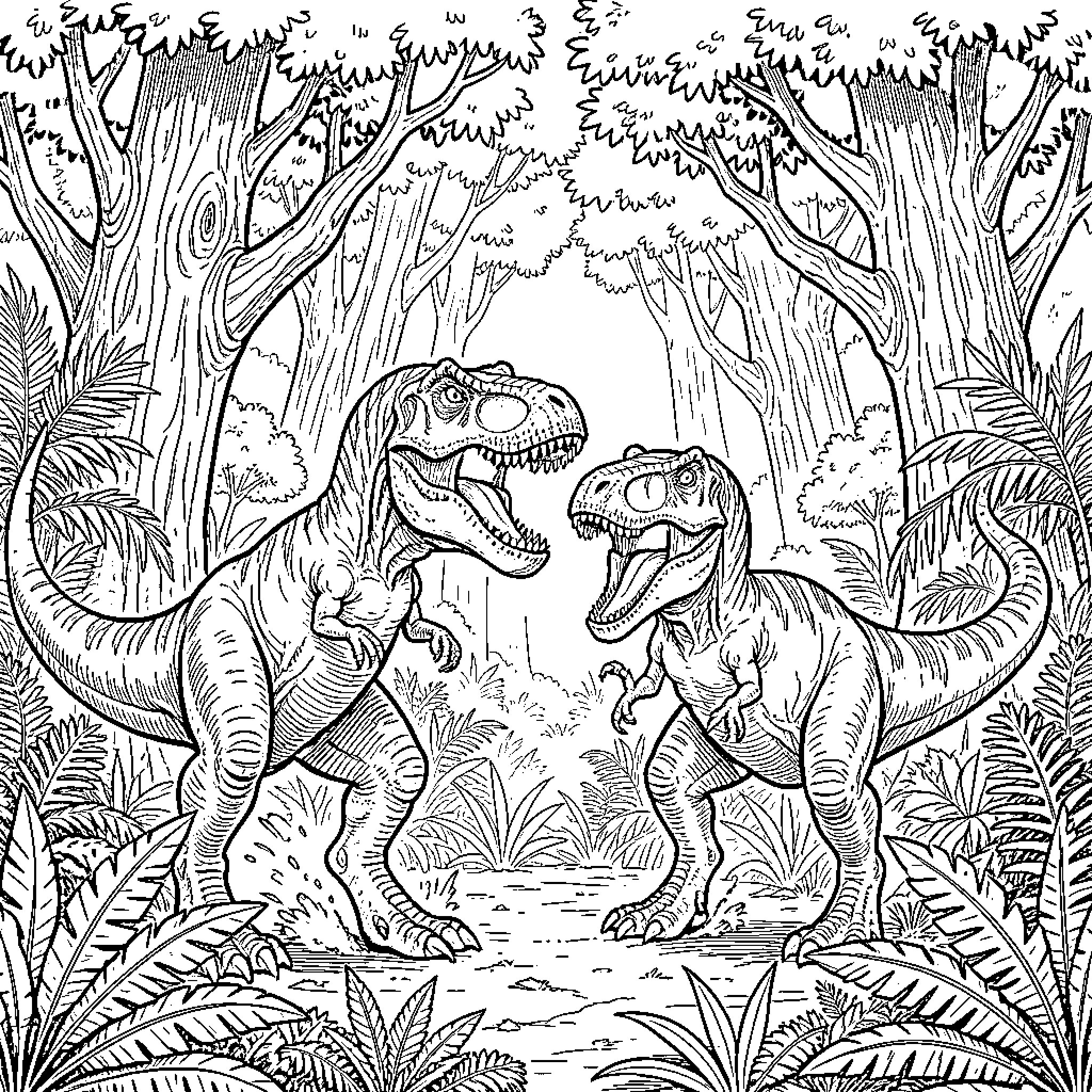 Dinosaur pair roaring at each other in the jungle Coloring Page (free black-and-white line drawing printable PDF for all, from beginners to advanced learners, including children, teens, adults, and seniors)
