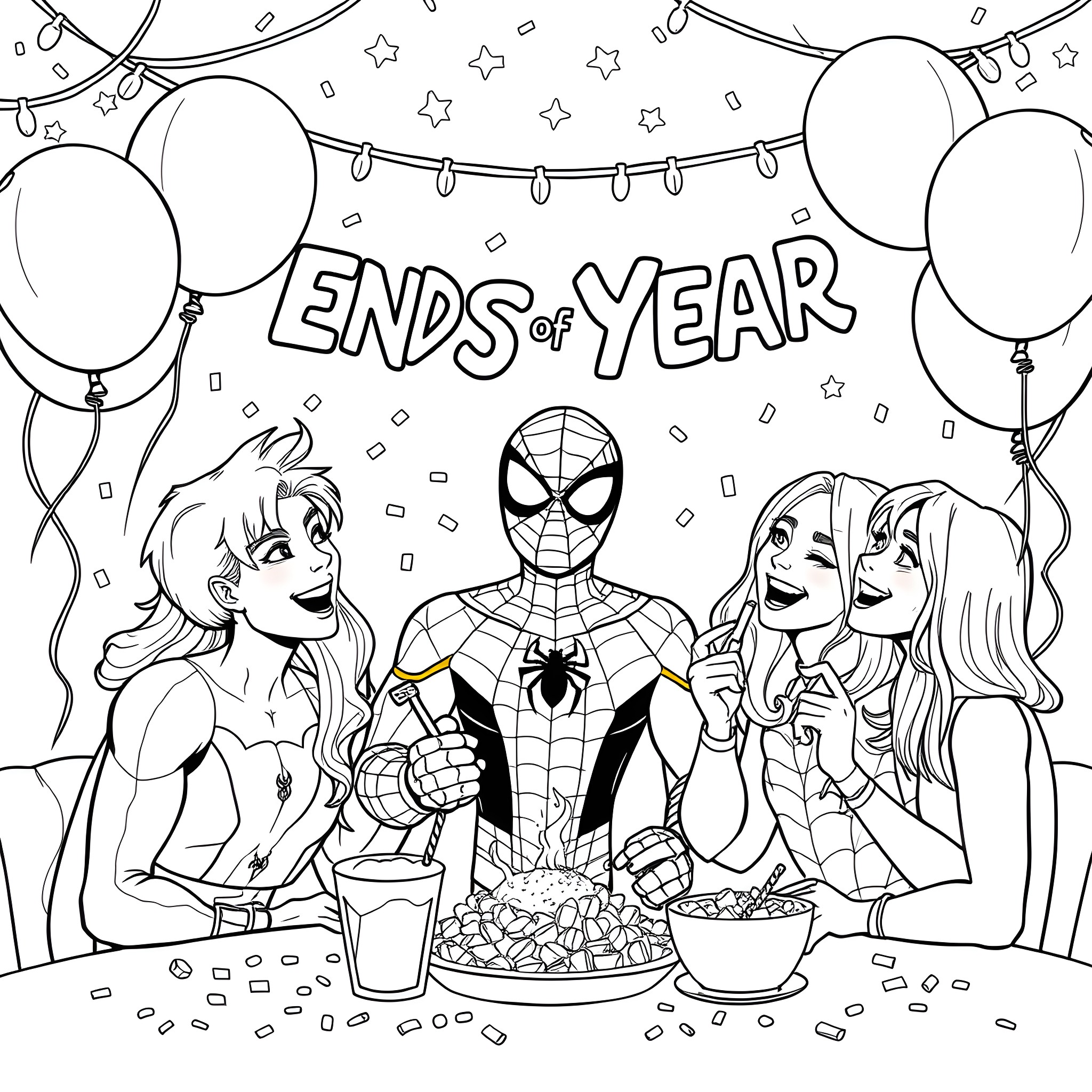 Spiderman celebrating the end of year with friends Coloring Page (free black-and-white line drawing printable PDF for all, from beginners to advanced learners, including children, teens, adults, and seniors)