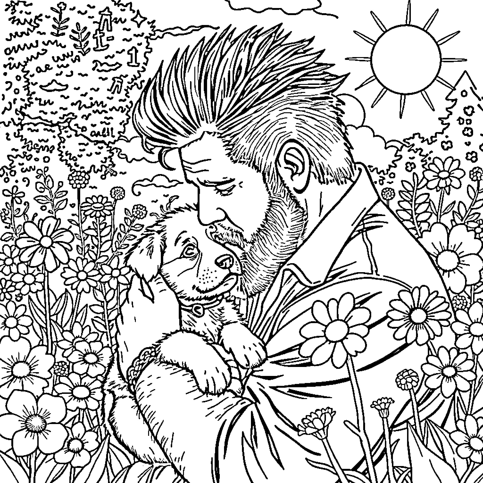 Guy Lovingly Embracing Furry Companion in Floral Wonderland Coloring Page (free black-and-white line drawing printable PDF for all, from beginners to advanced learners, including children, teens, adults, and seniors)