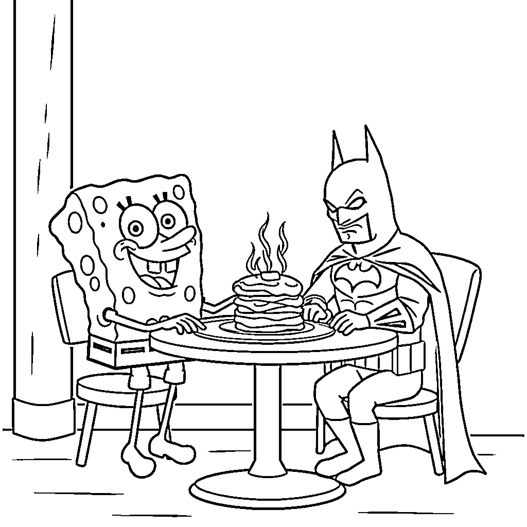 Spongebob and Batman share a birthday cake Coloring Page (free black-and-white line drawing printable PDF for all, from beginners to advanced learners, including children, teens, adults, and seniors)