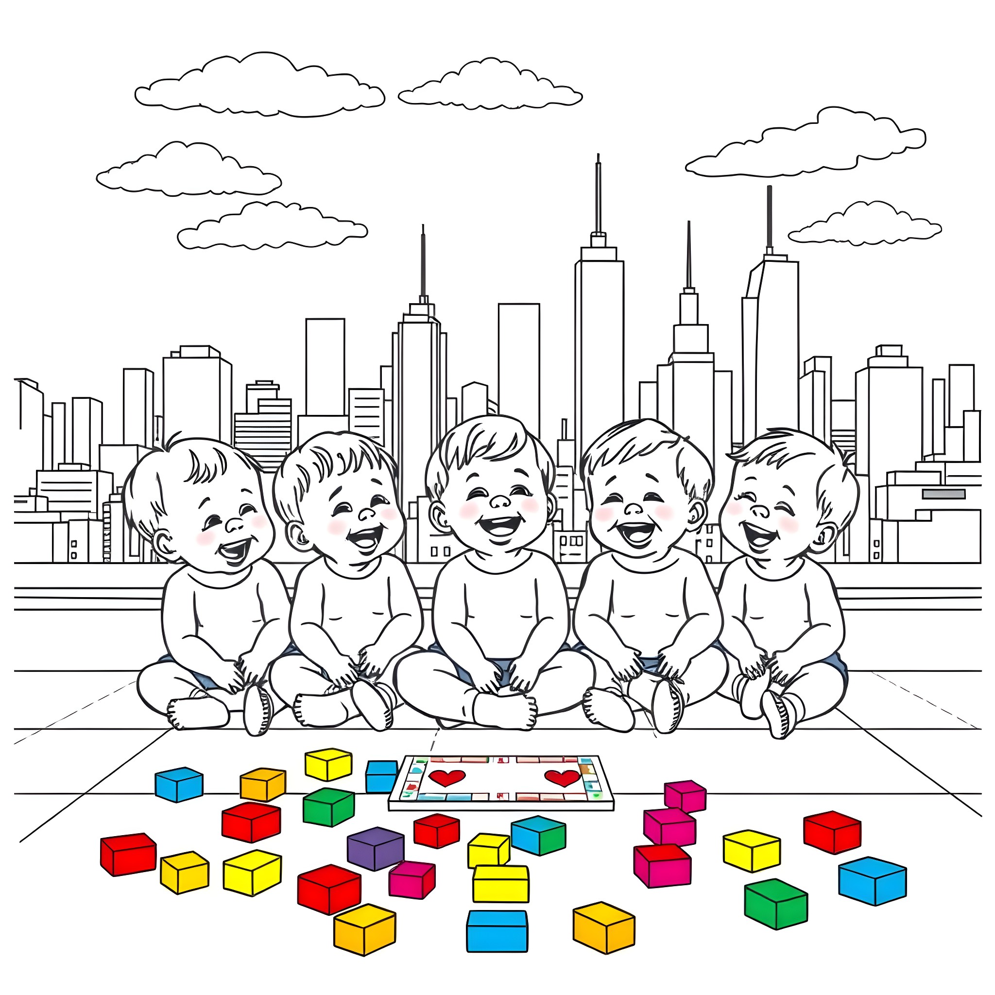 Baby friends playing with colorful blocks in the city Coloring Page (free black-and-white line drawing printable PDF for all, from beginners to advanced learners, including children, teens, adults, and seniors)