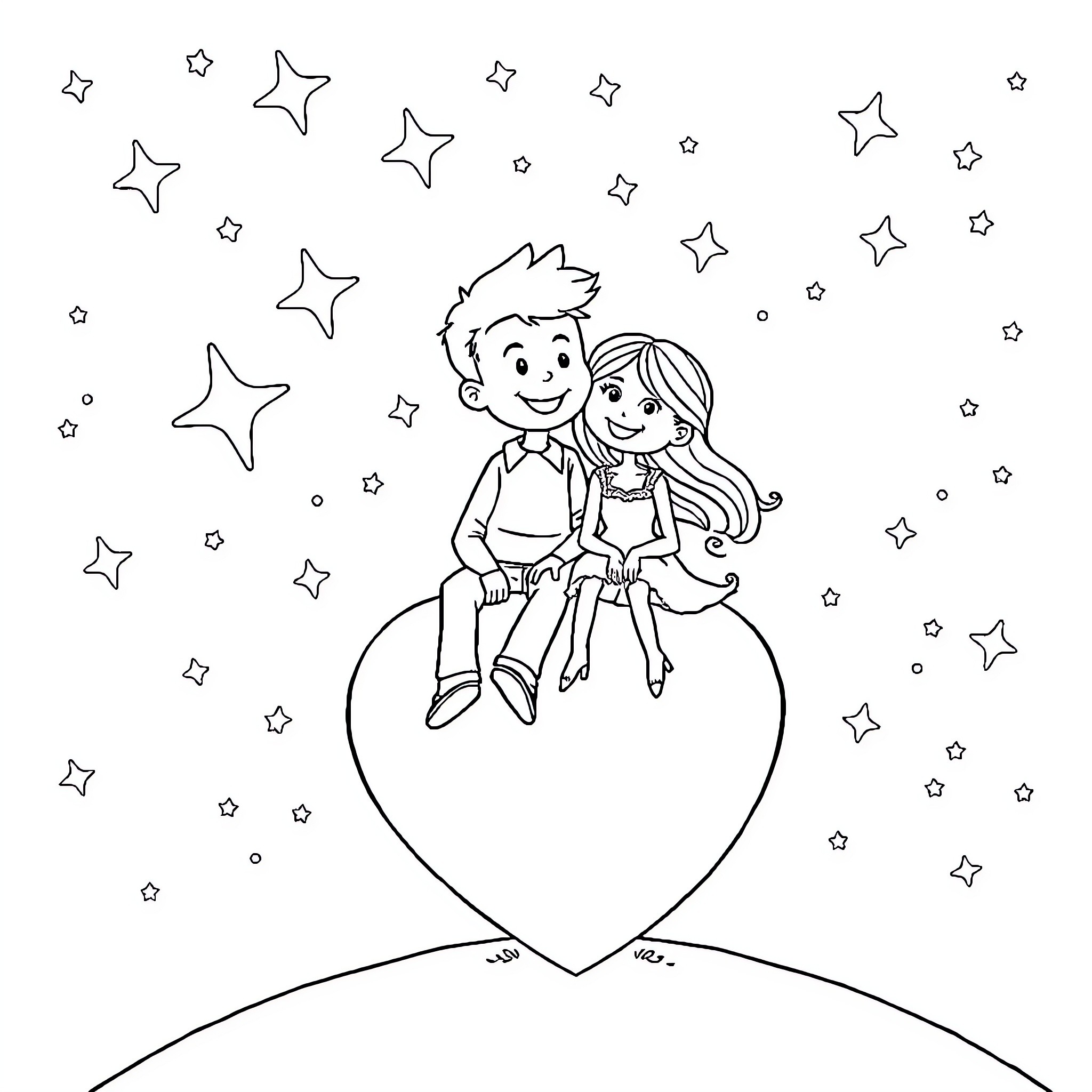 Jack and Sally enjoying a starry night together Coloring Page (free black-and-white line drawing printable PDF for all, from beginners to advanced learners, including children, teens, adults, and seniors)