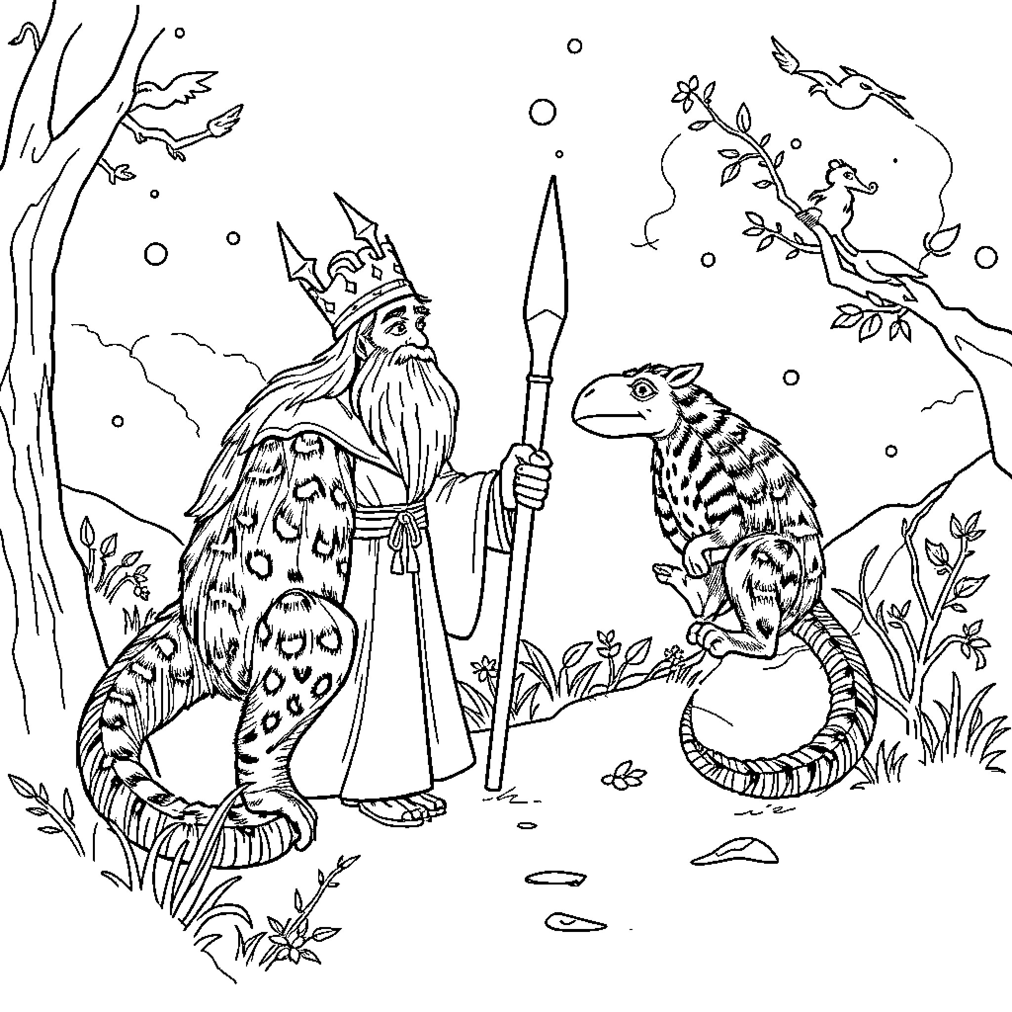 Lord of the Rings fantasy scene with wizard and reptile Coloring Page (free black-and-white line drawing printable PDF for all, from beginners to advanced learners, including children, teens, adults, and seniors)