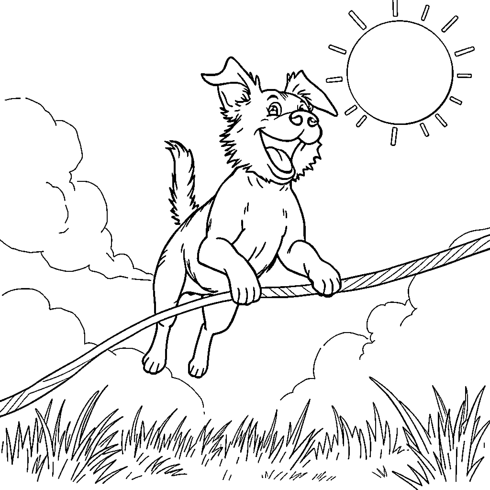 Dog walking on tight rope in nature Coloring Page (free black-and-white line drawing printable PDF for all, from beginners to advanced learners, including children, teens, adults, and seniors)